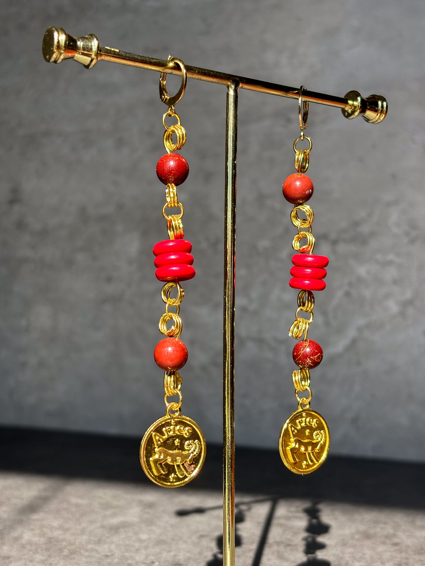 Aries Gold Astrology Mookaite Jasper Earrings