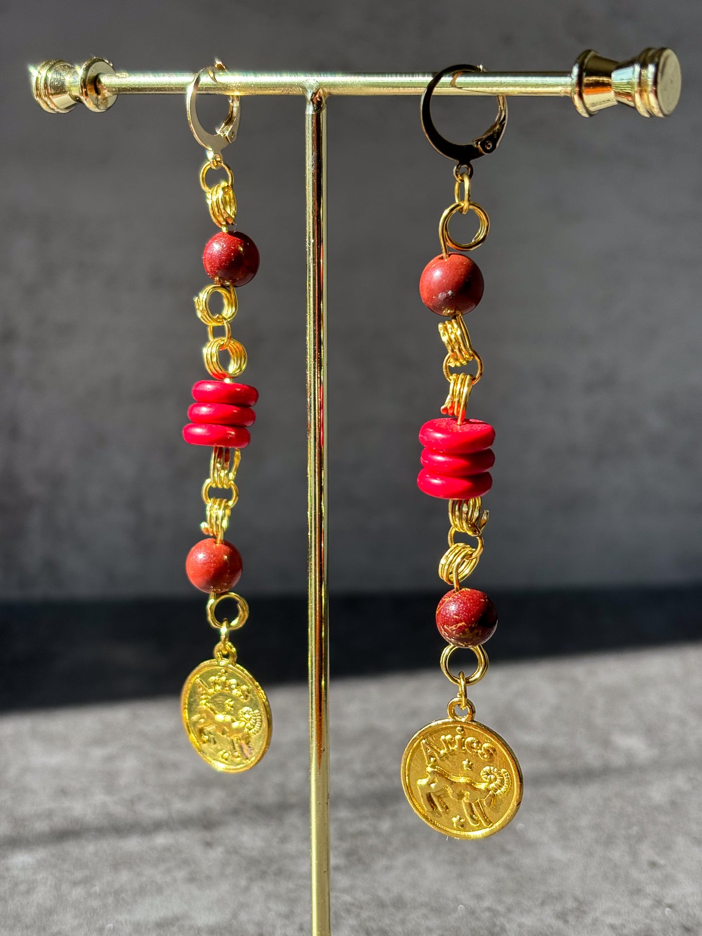 Aries Gold Astrology Mookaite Jasper Earrings