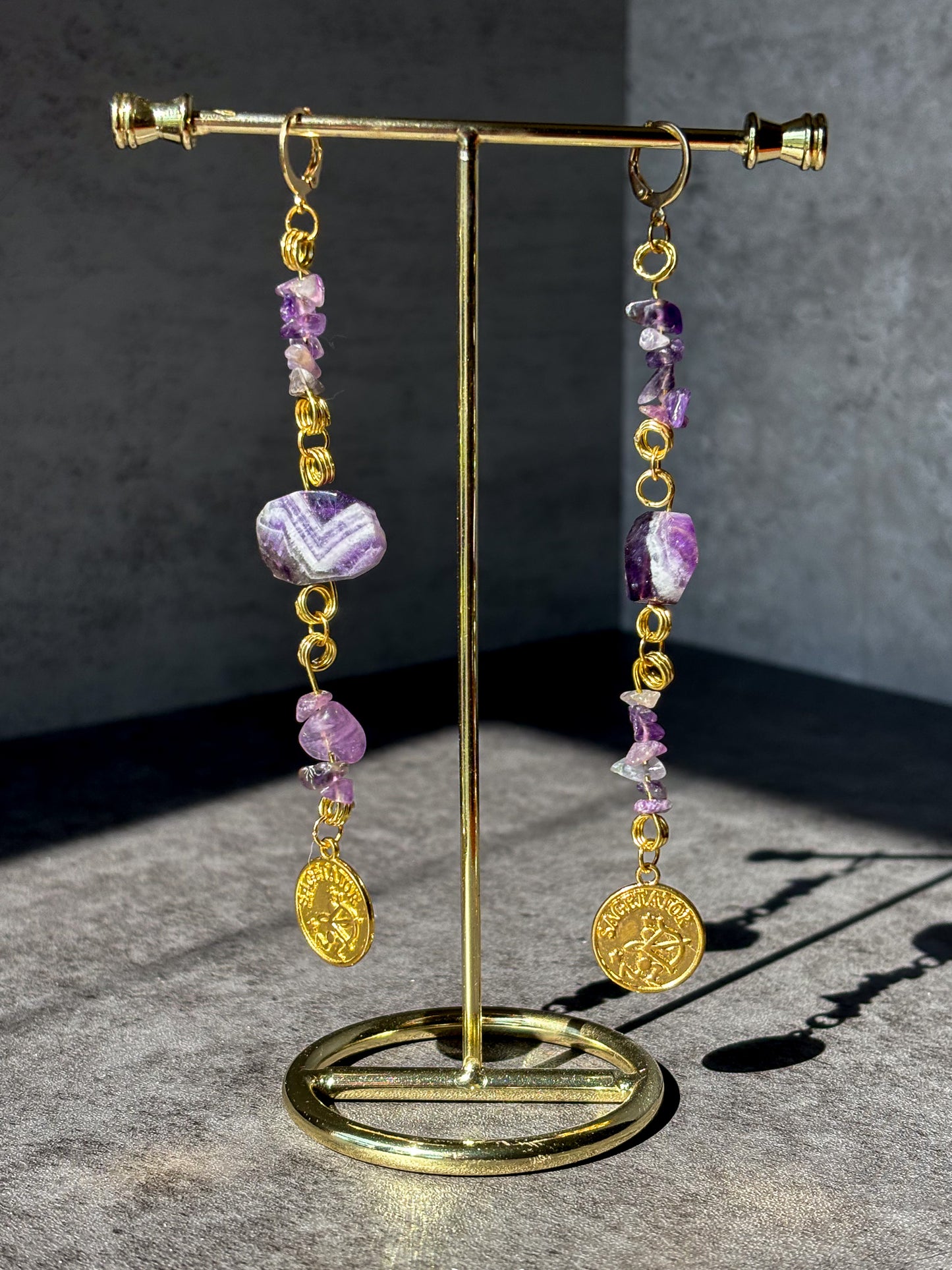 Sagittarius Gold Astrology Amethyst Crystal Earrings