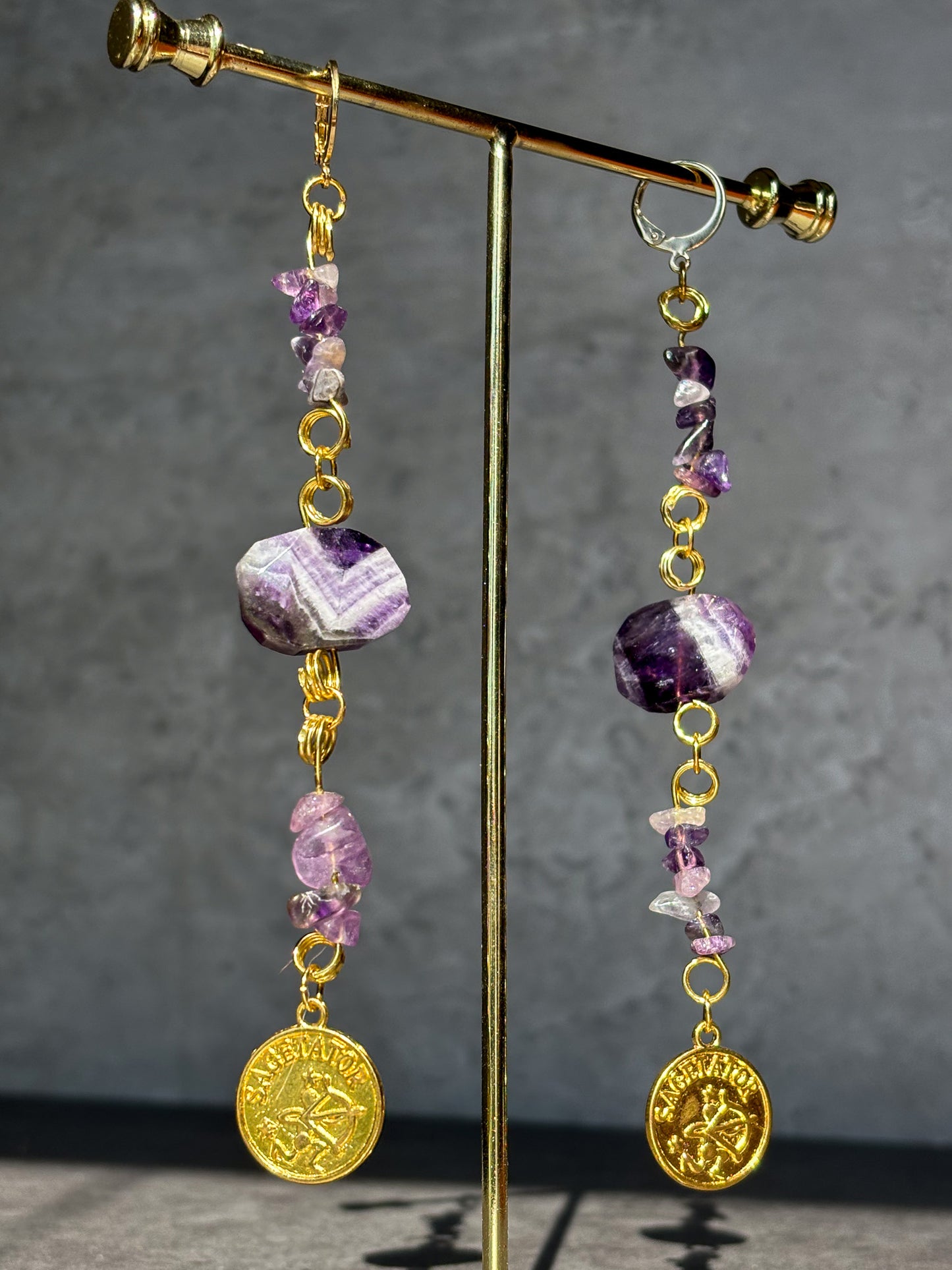 Sagittarius Gold Astrology Amethyst Crystal Earrings