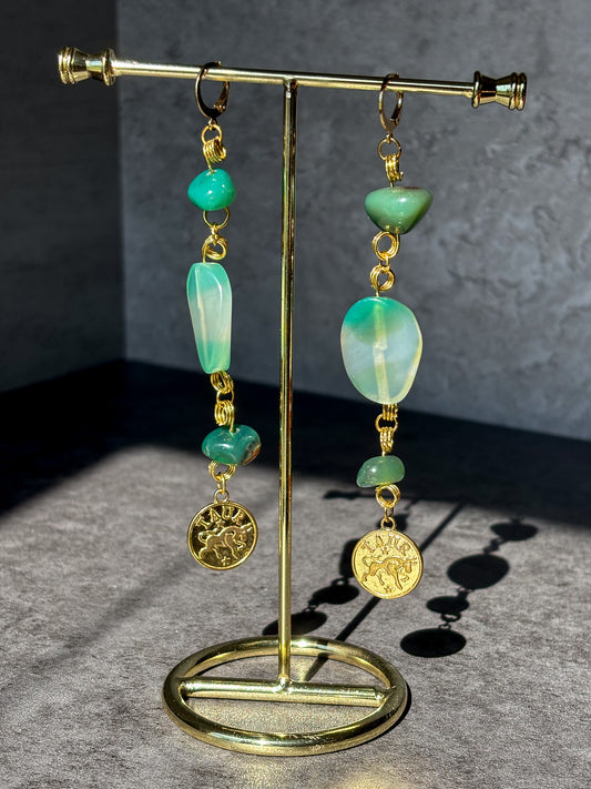 Taurus Astrology Gold Jade Moss Agate Earrings
