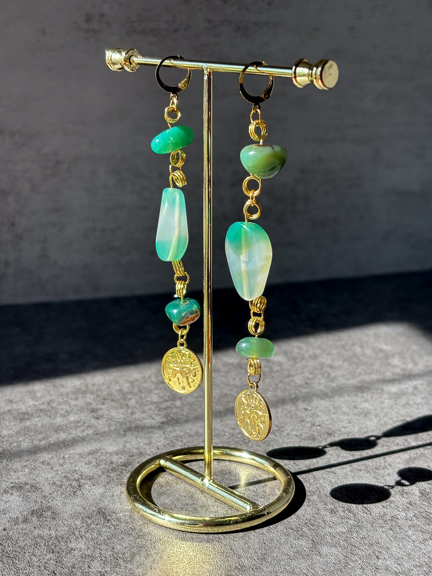 Taurus Astrology Gold Jade Moss Agate Earrings