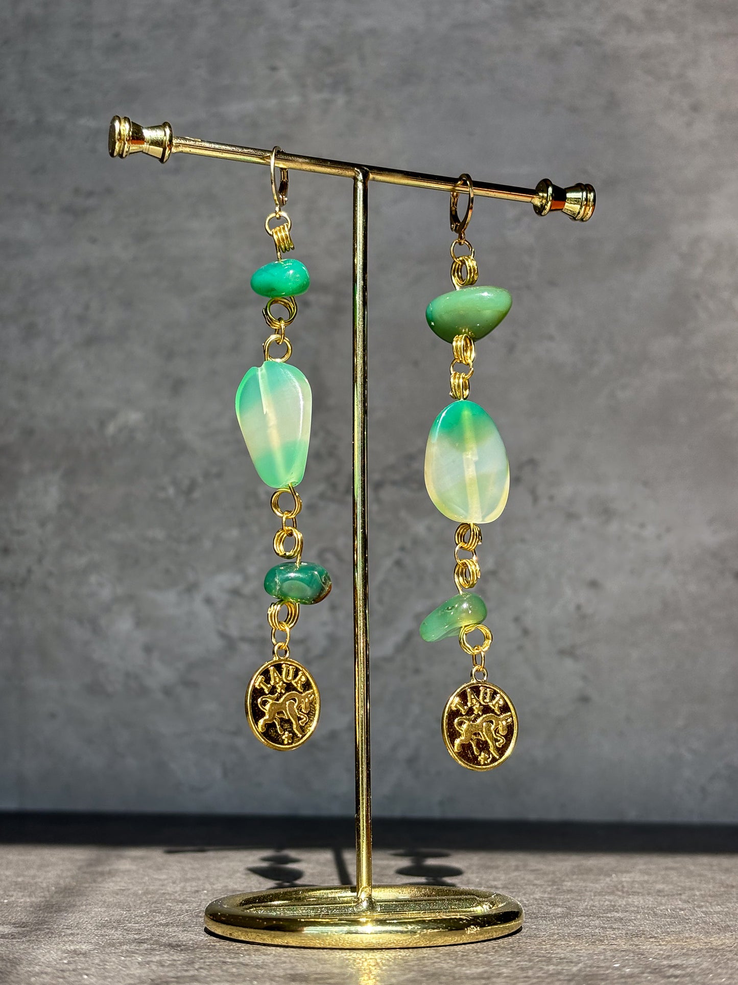 Taurus Astrology Gold Jade Moss Agate Earrings