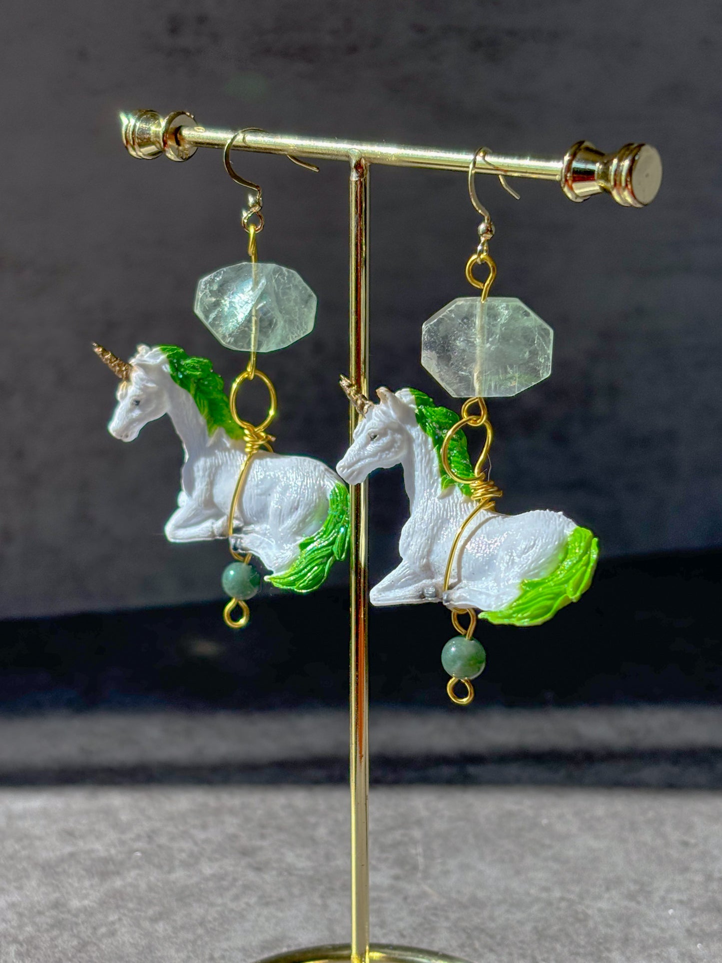 Fluorite Bloodstone Green Unicorn Earrings