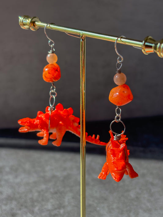 Stegosaurus Dinosaur Carnelian Moonstone Crystal Earrings