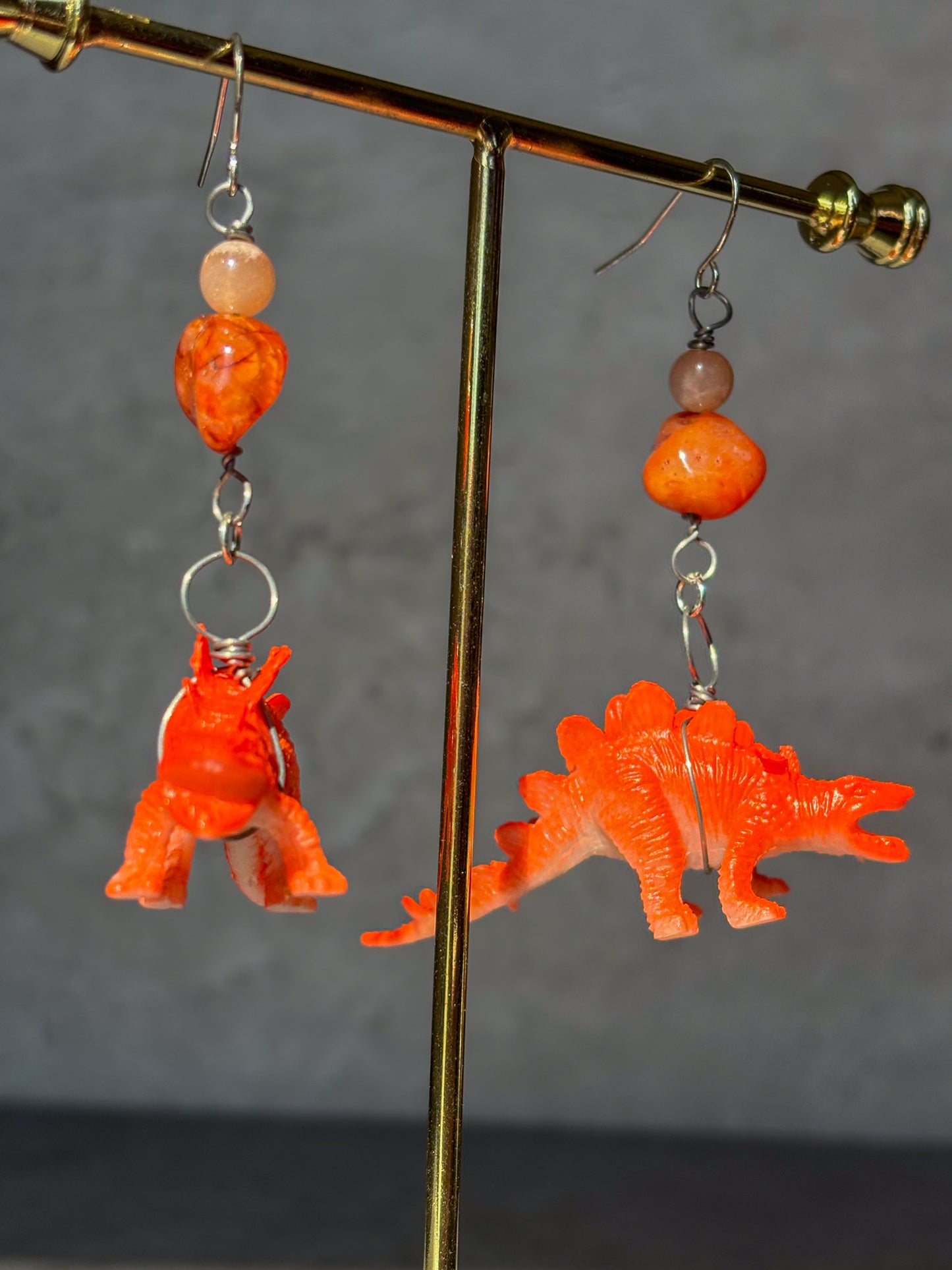Stegosaurus Dinosaur Carnelian Moonstone Crystal Earrings
