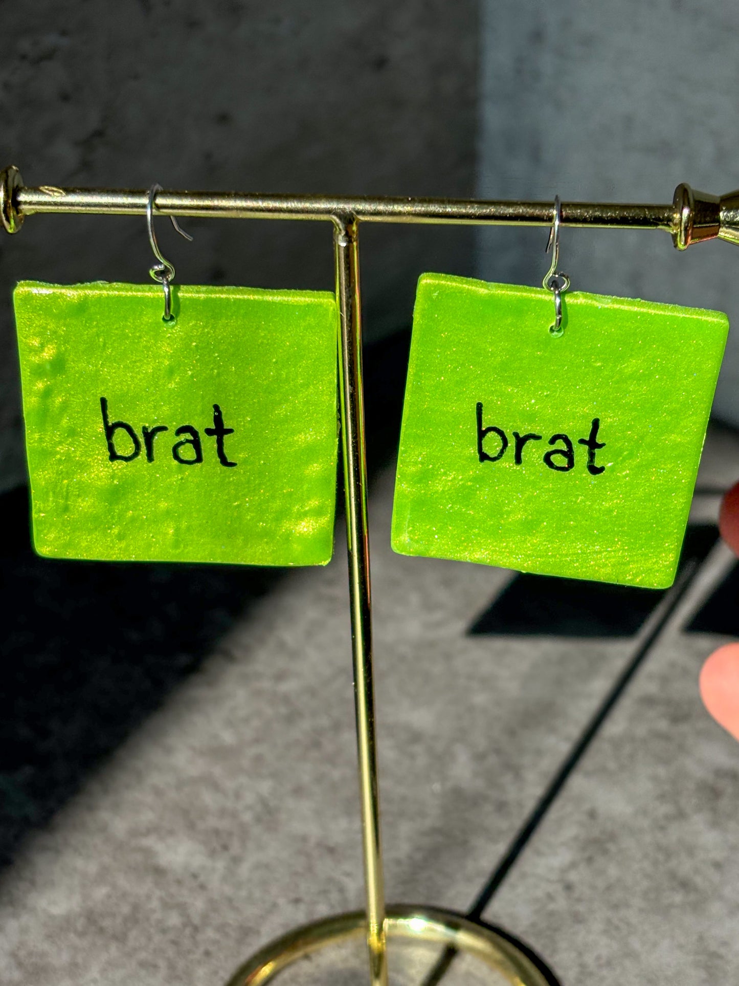 brat green square polymer clay earrings