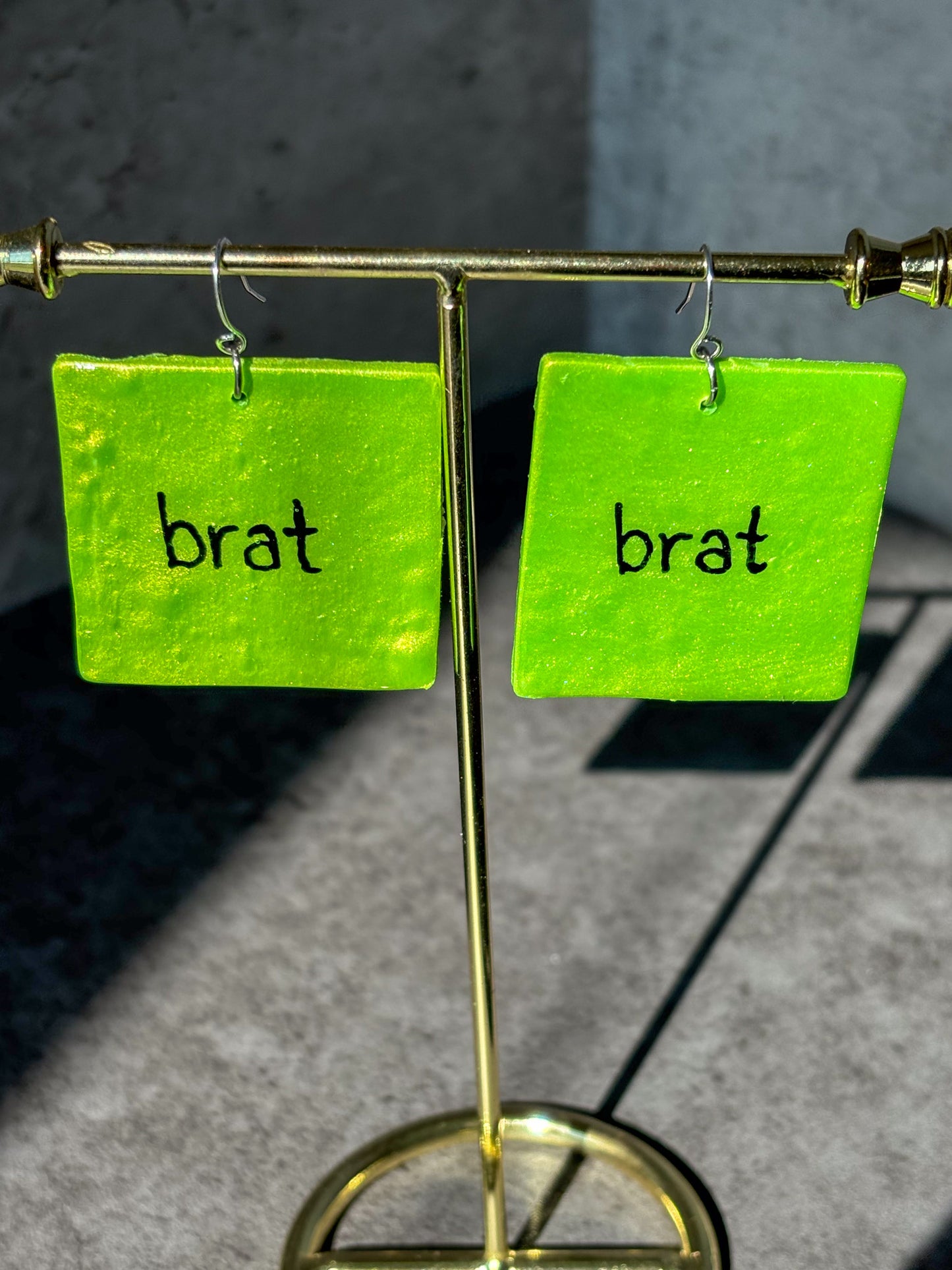 brat green square polymer clay earrings