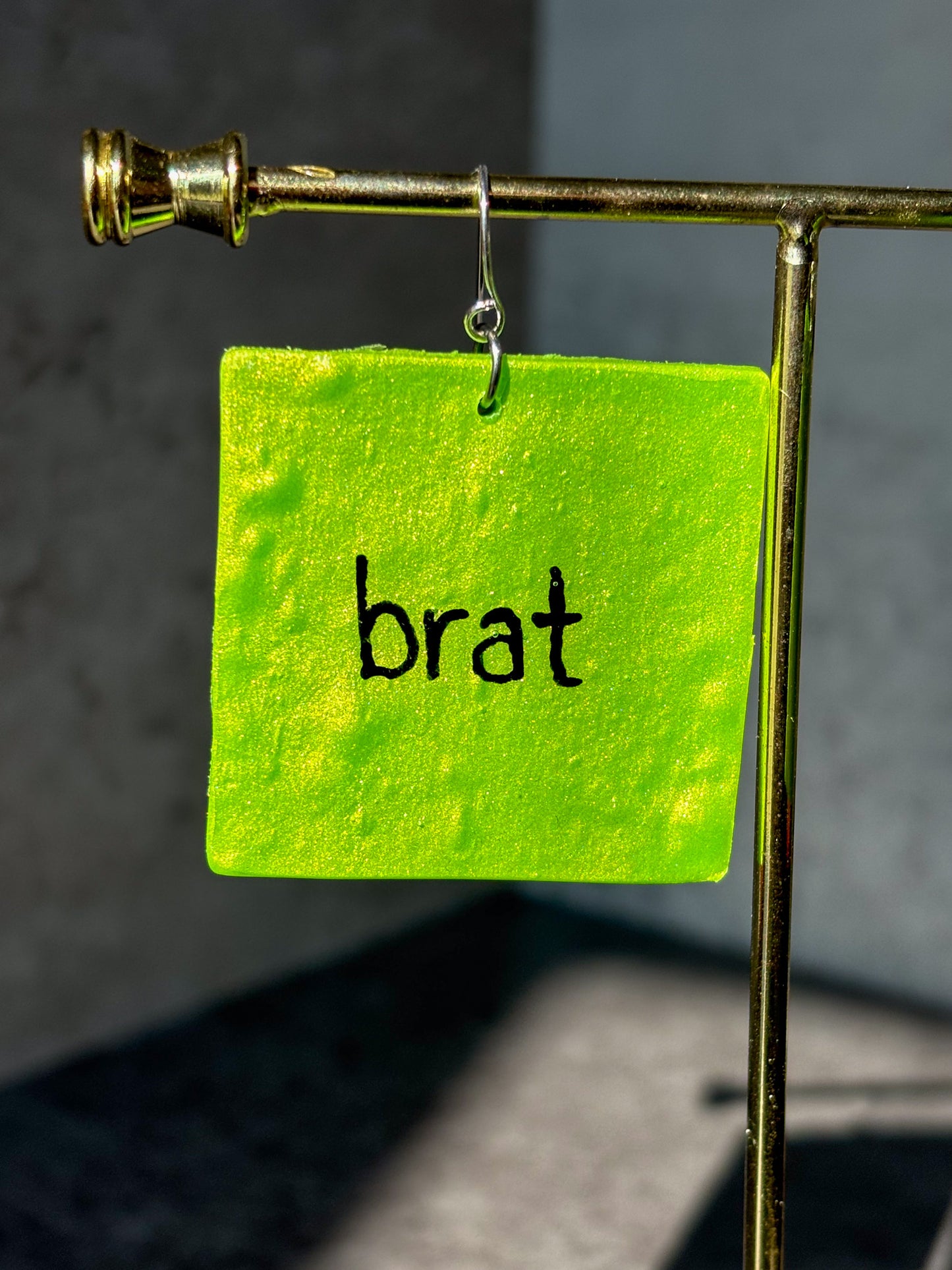 brat green square polymer clay earrings