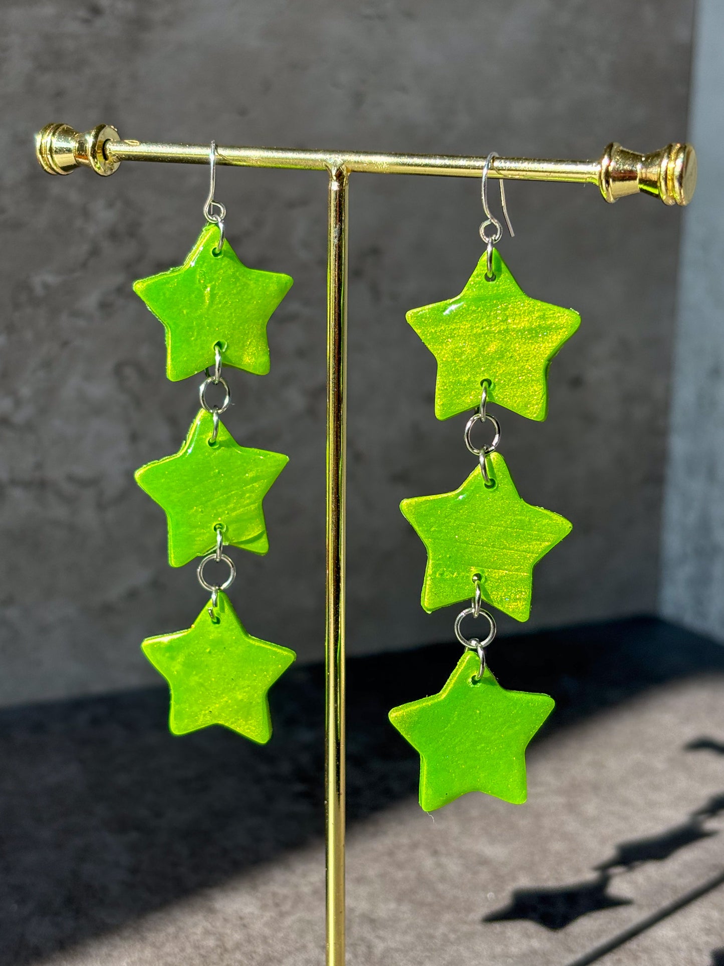brat green stacked star polymer clay earrings