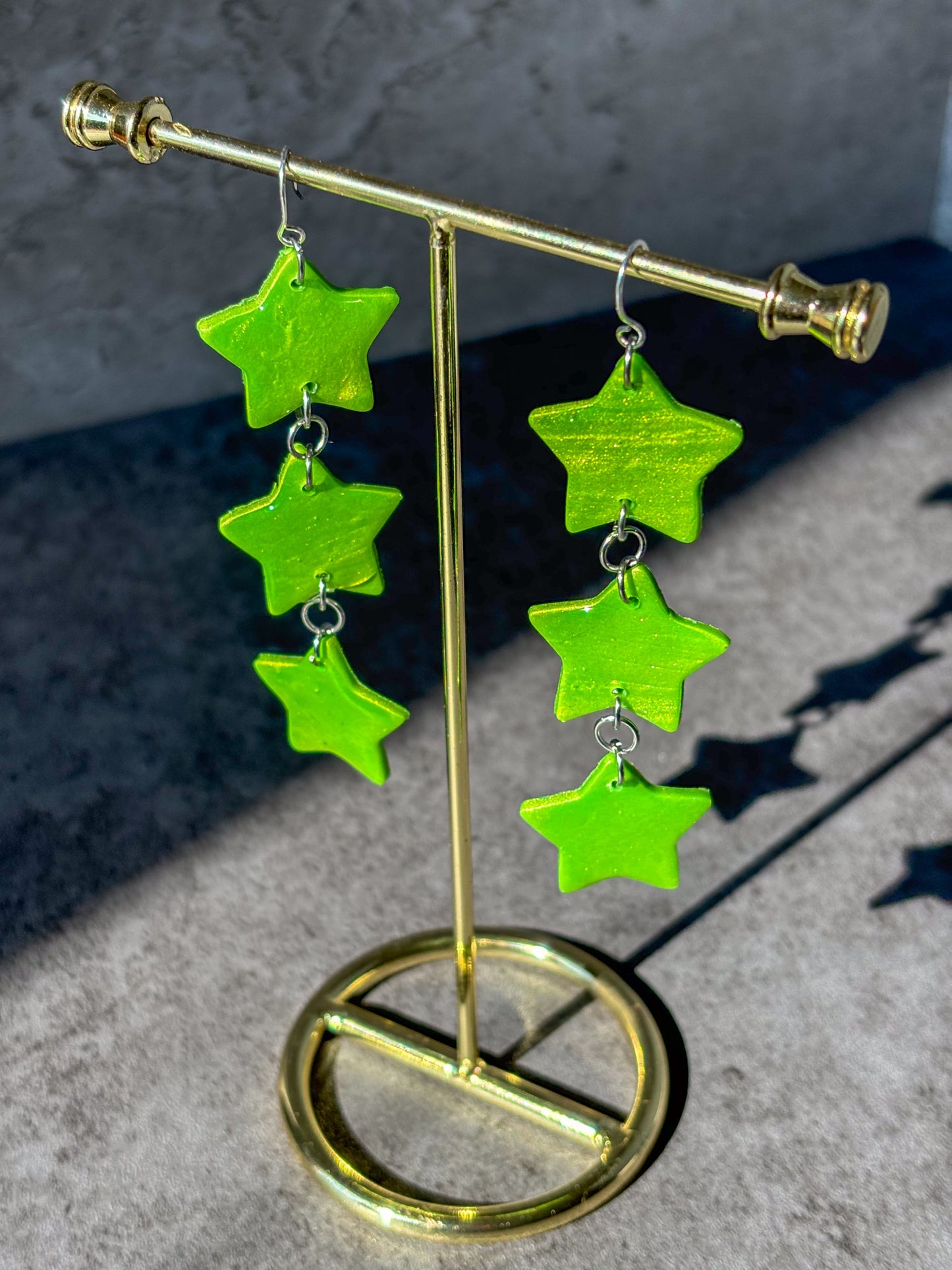 brat green stacked star polymer clay earrings
