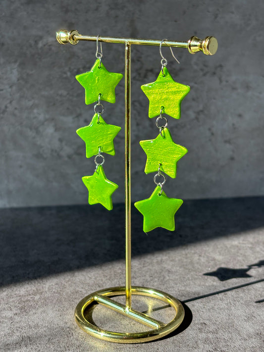 brat green stacked star polymer clay earrings