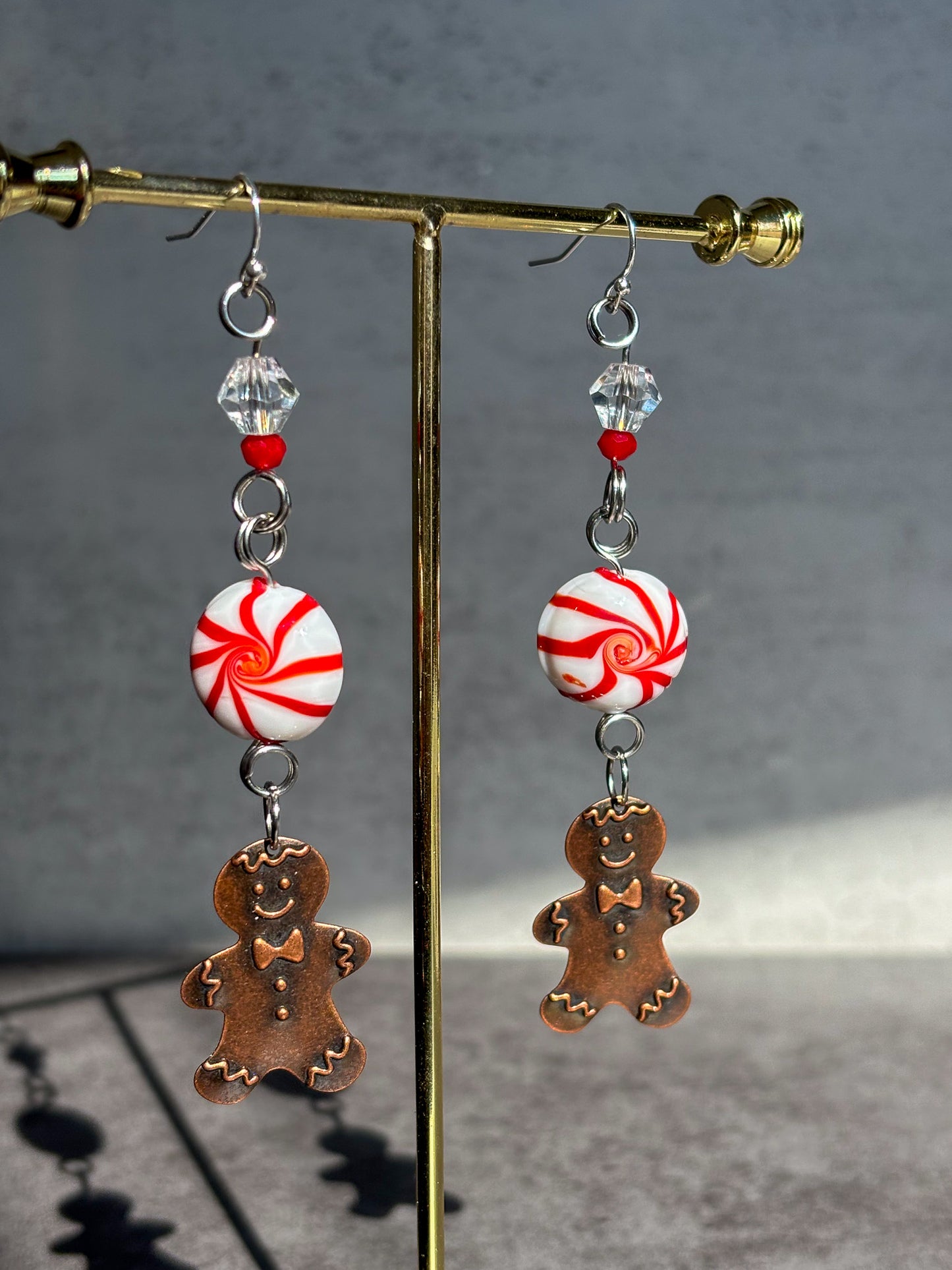 Peppermint Gingerbread Man Dangle Red Sparkle Earrings
