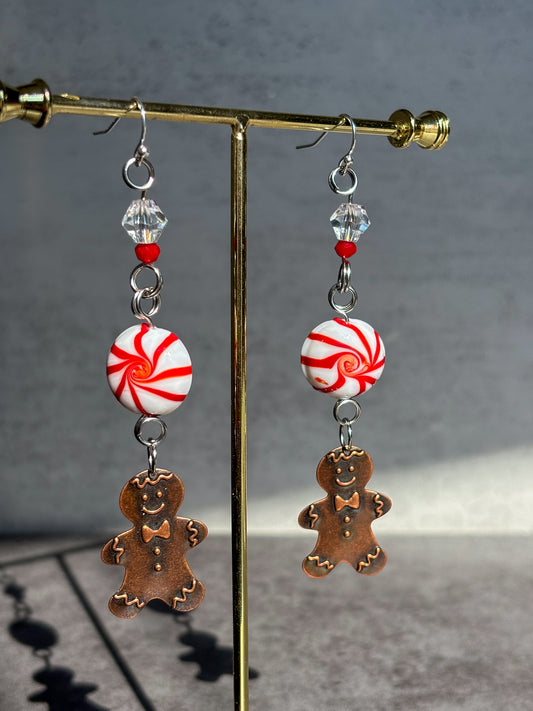 Peppermint Gingerbread Man Dangle Red Sparkle Earrings