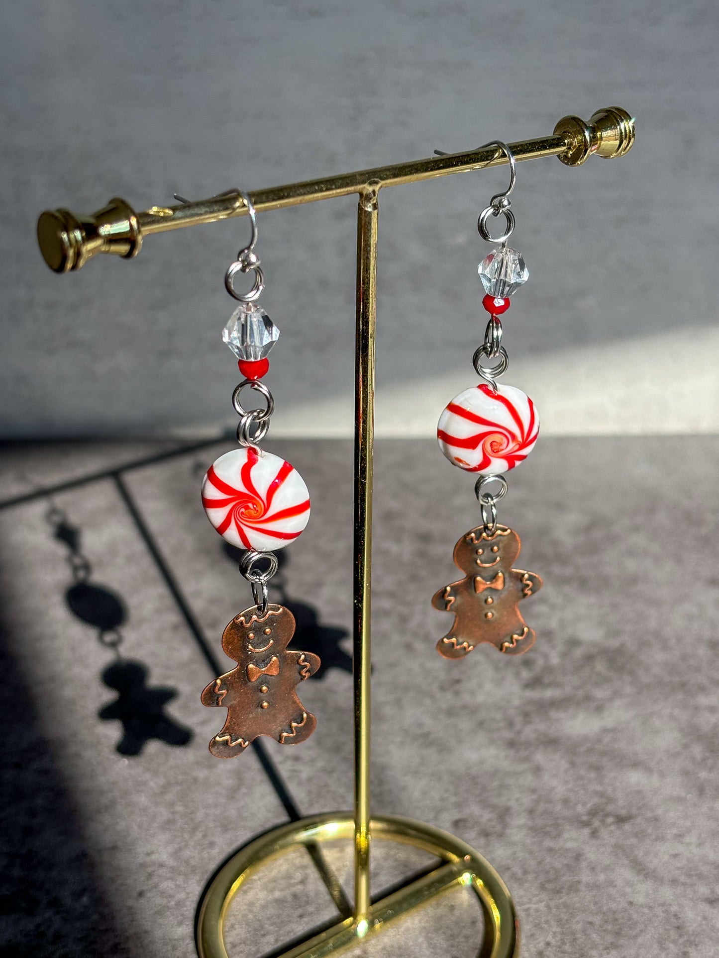 Peppermint Gingerbread Man Dangle Red Sparkle Earrings