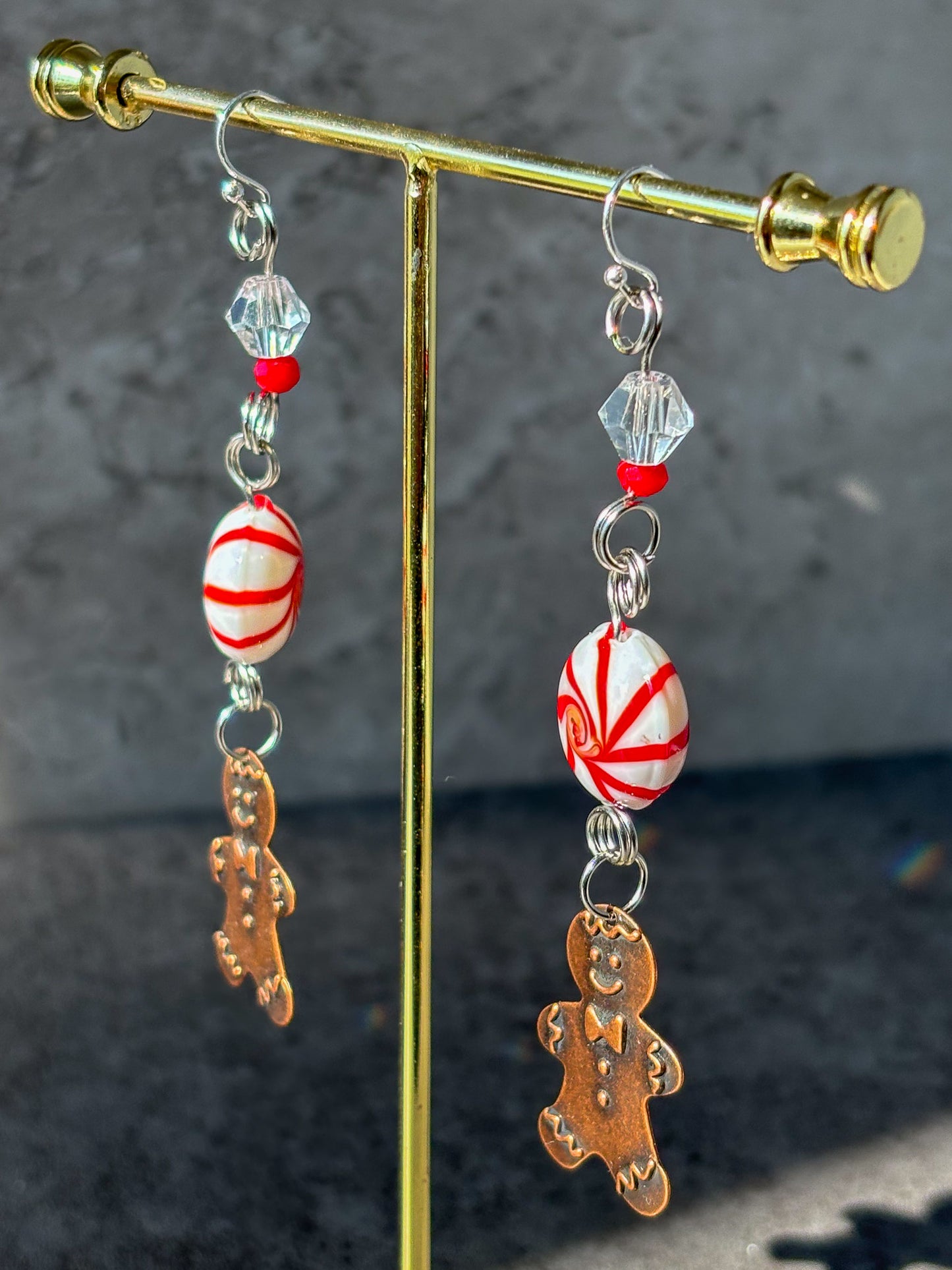 Peppermint Gingerbread Man Dangle Red Sparkle Earrings