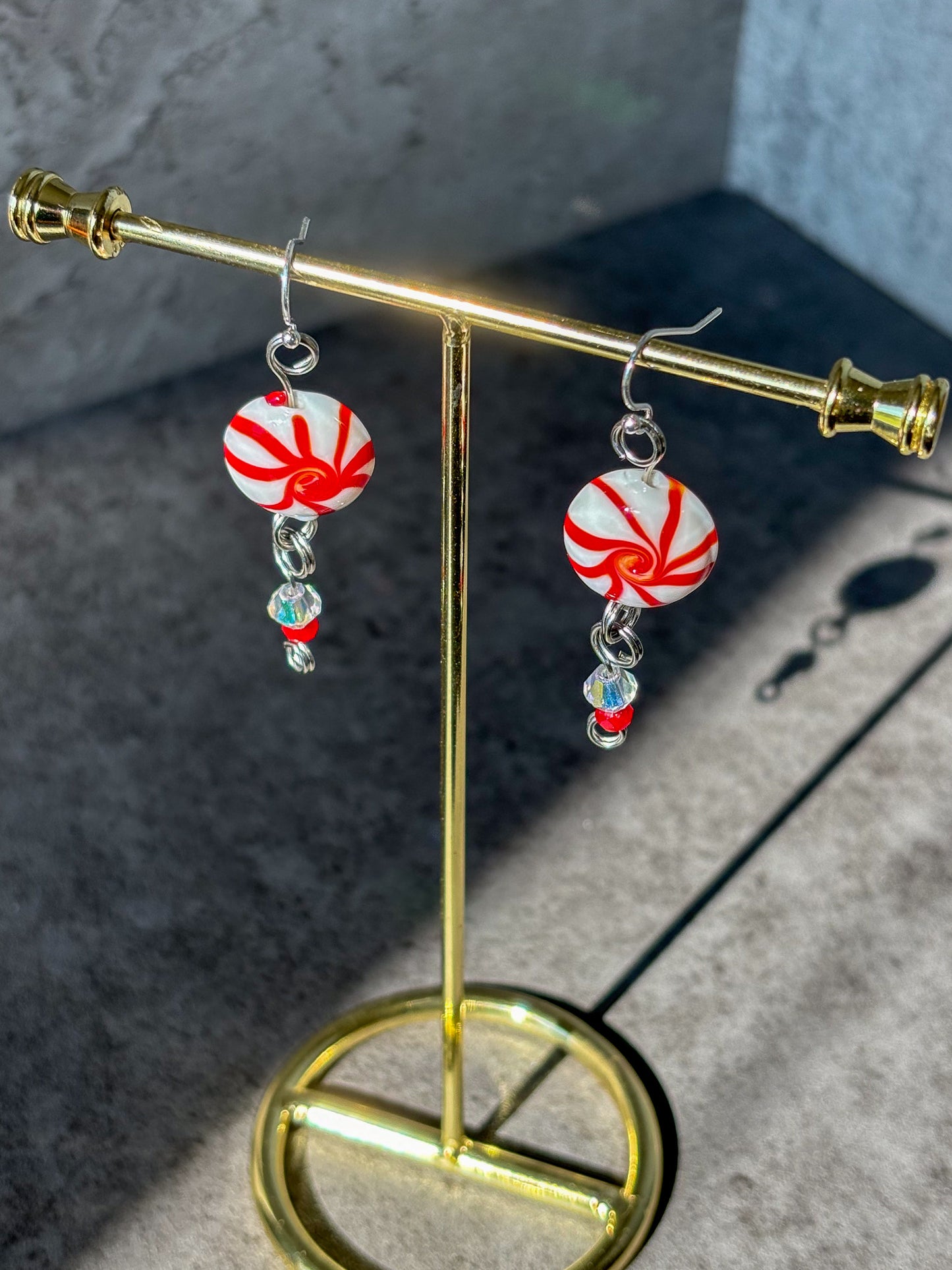 Peppermint Red White Sparkle Dangle Silver Earrings