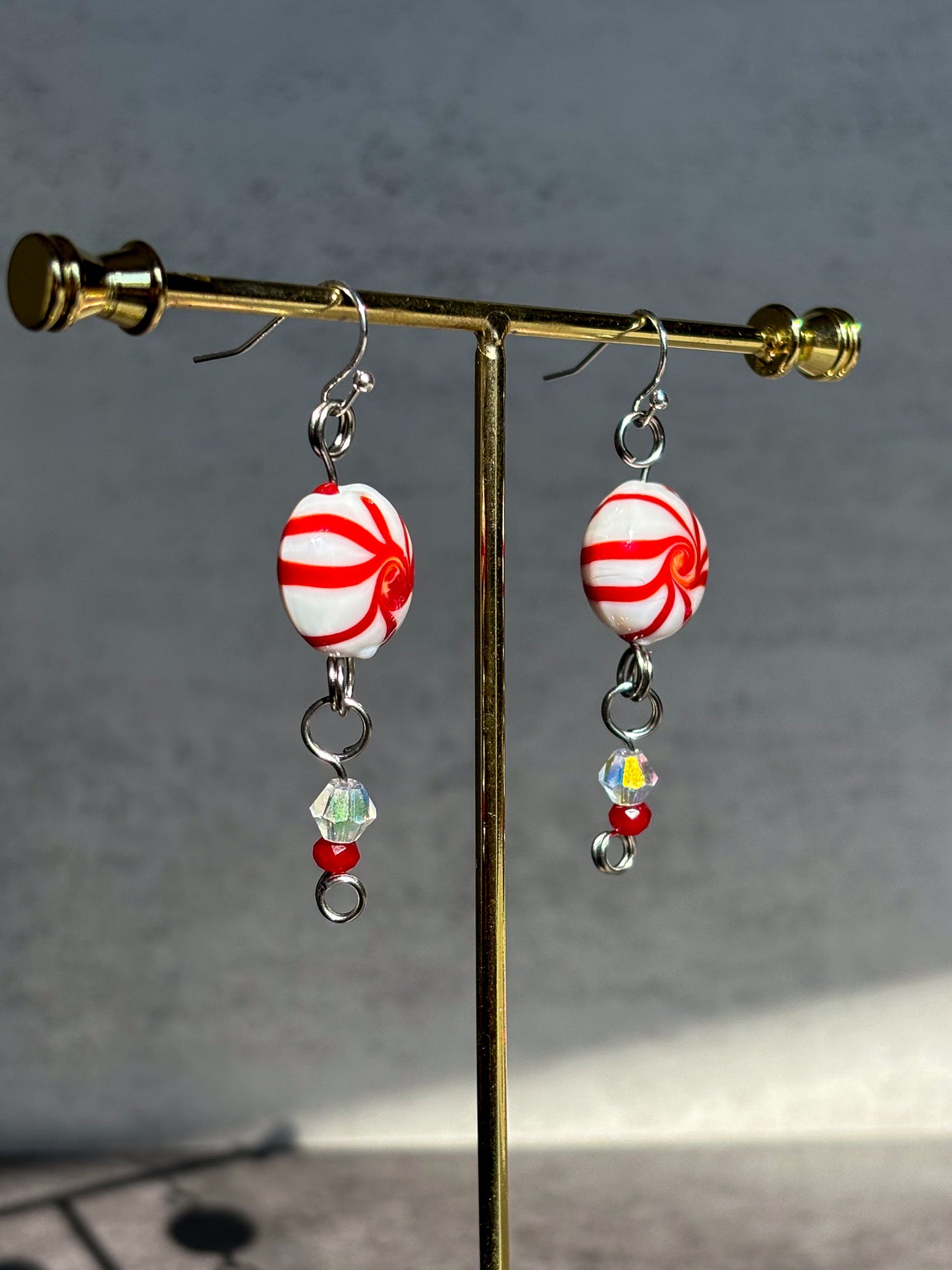 Peppermint Red White Sparkle Dangle Silver Earrings
