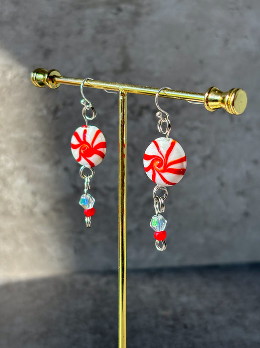 Peppermint Red White Sparkle Dangle Silver Earrings