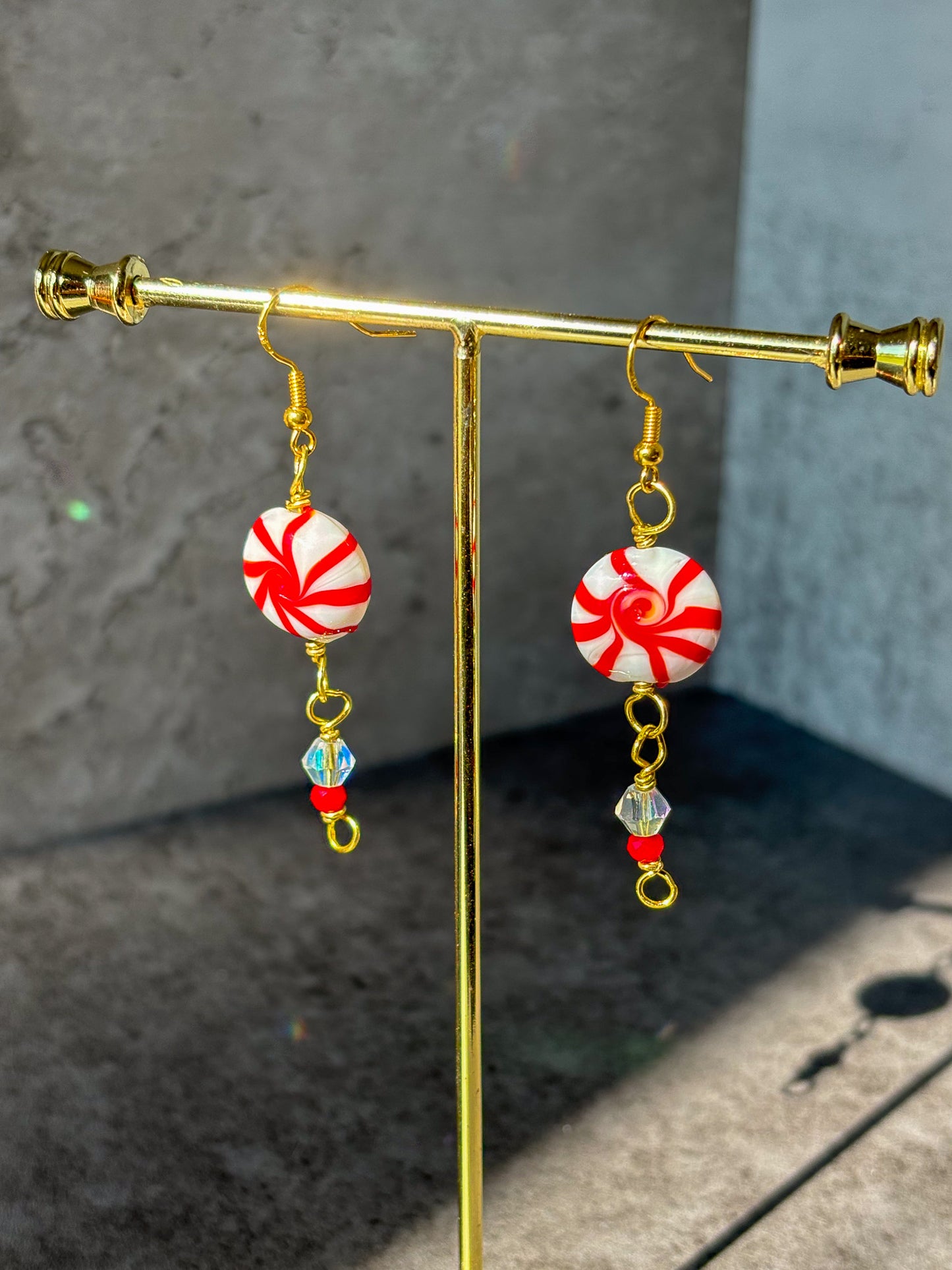 Peppermint Red White Sparkle Gold Dangle Earrings