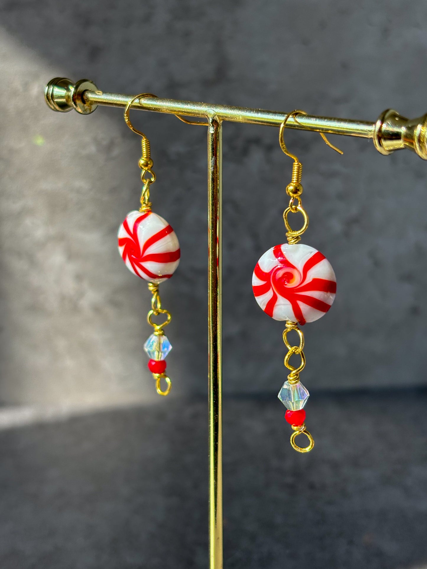 Peppermint Red White Sparkle Gold Dangle Earrings