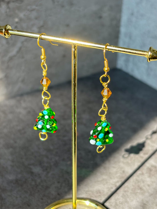 Gold Sparkle Christmas Tree Dangle Earrings