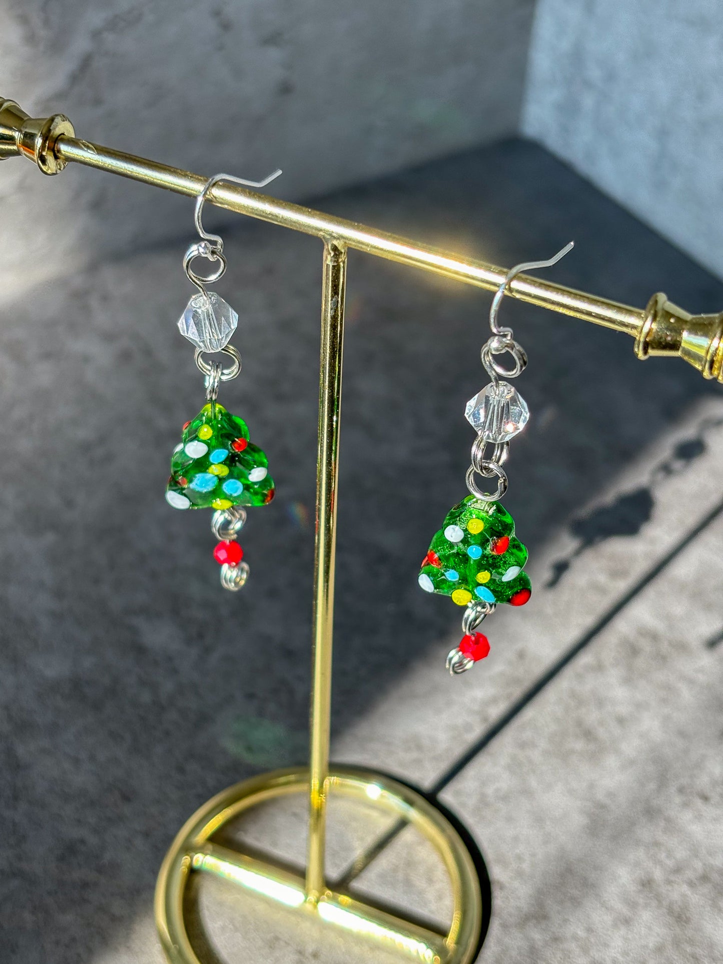 Silver Christmas Tree Red Green Sparkle Dangle Earrings