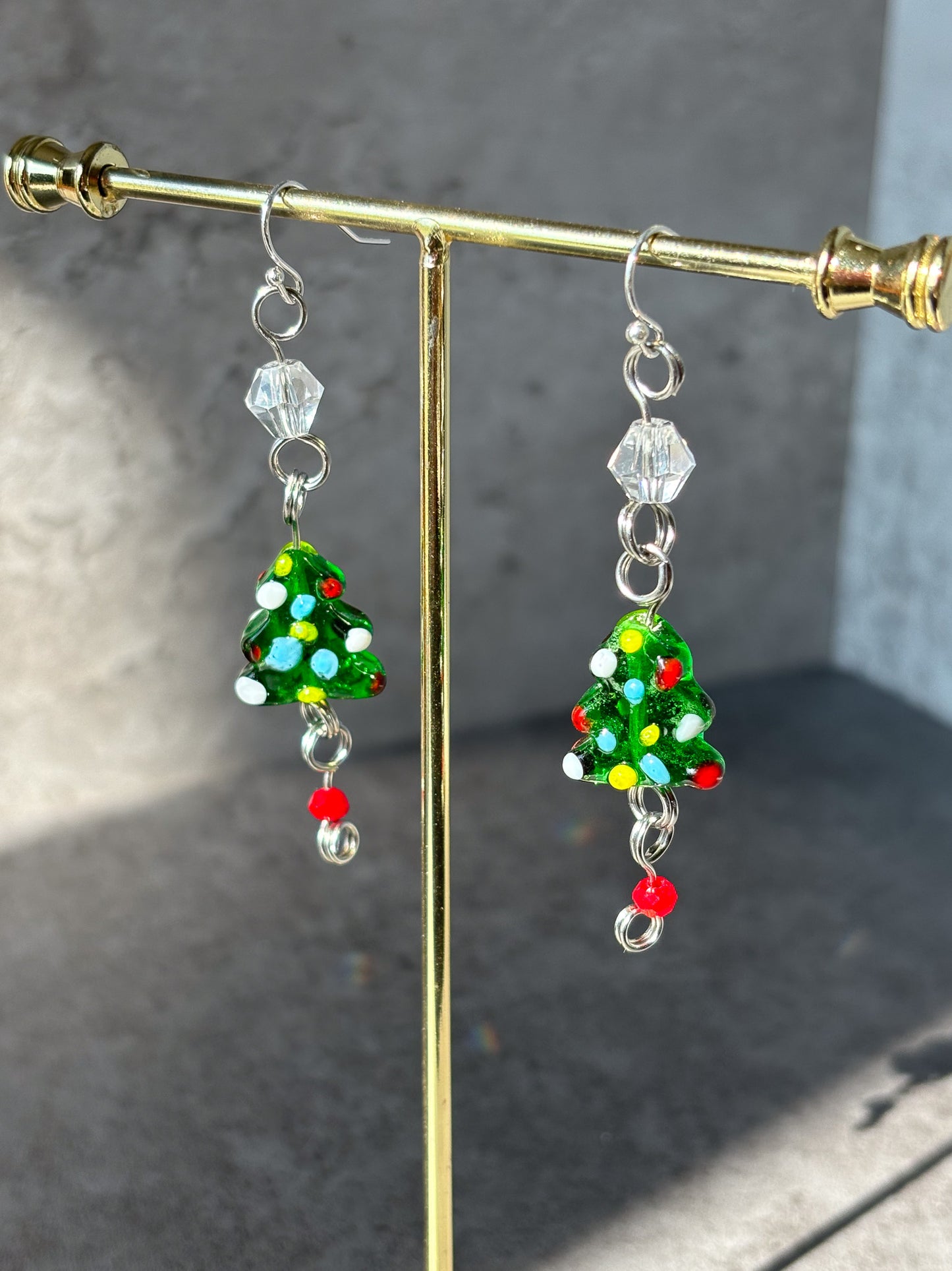 Silver Christmas Tree Red Green Sparkle Dangle Earrings