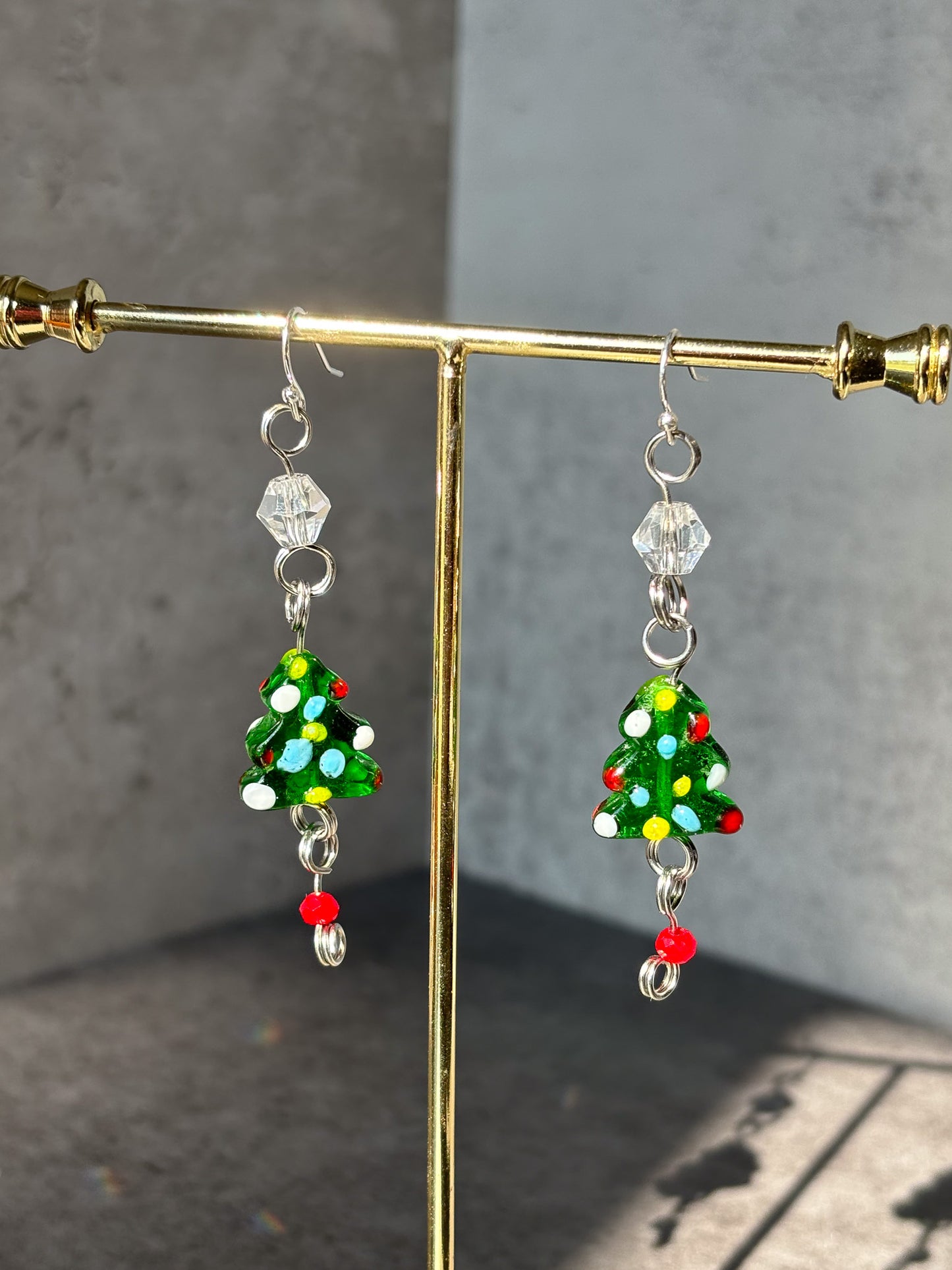 Silver Christmas Tree Red Green Sparkle Dangle Earrings