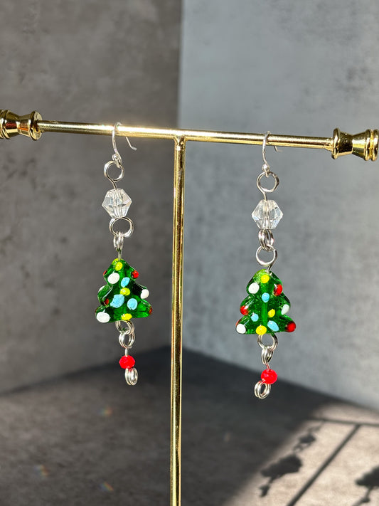 Silver Christmas Tree Red Green Sparkle Dangle Earrings