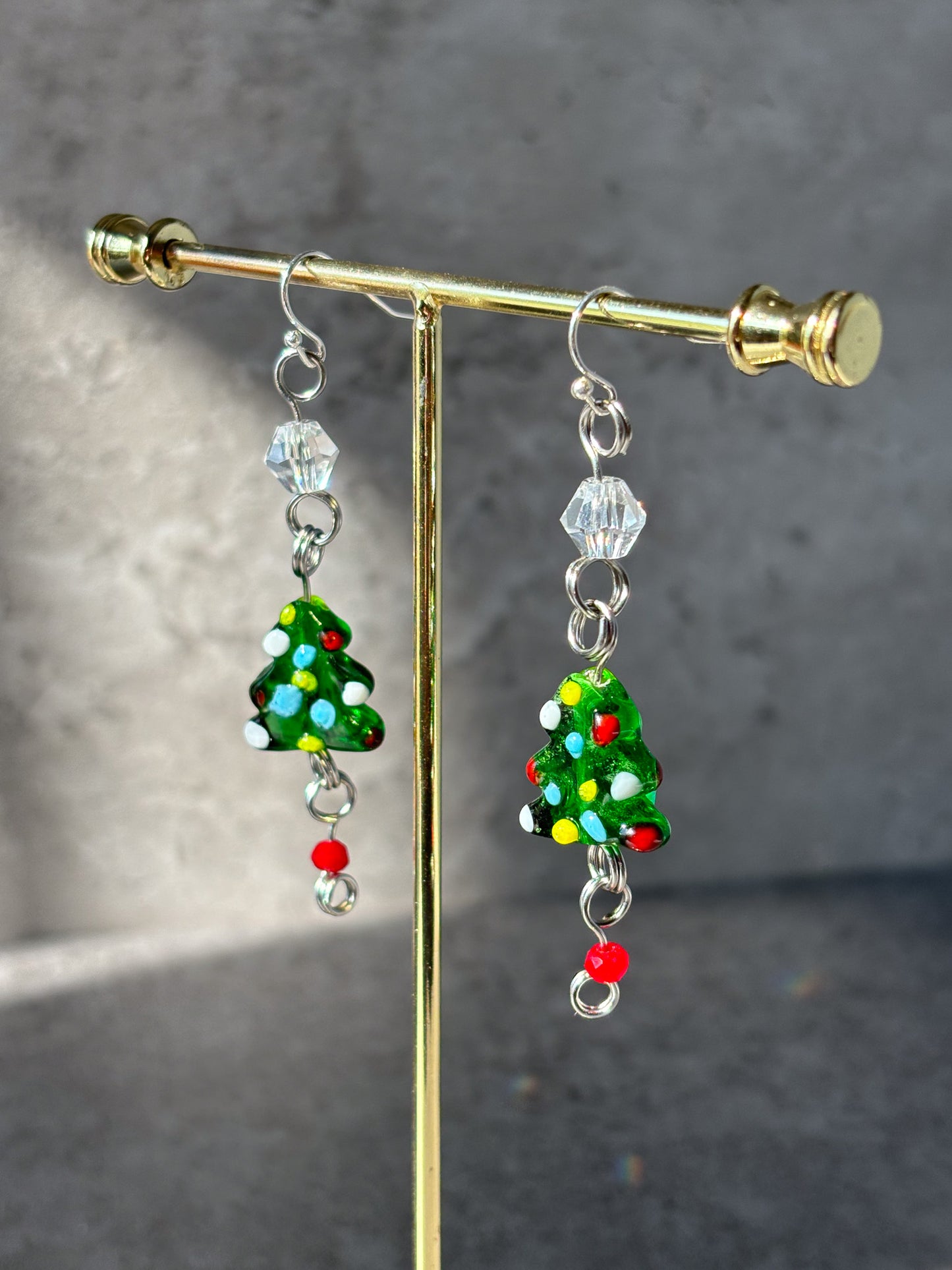 Silver Christmas Tree Red Green Sparkle Dangle Earrings