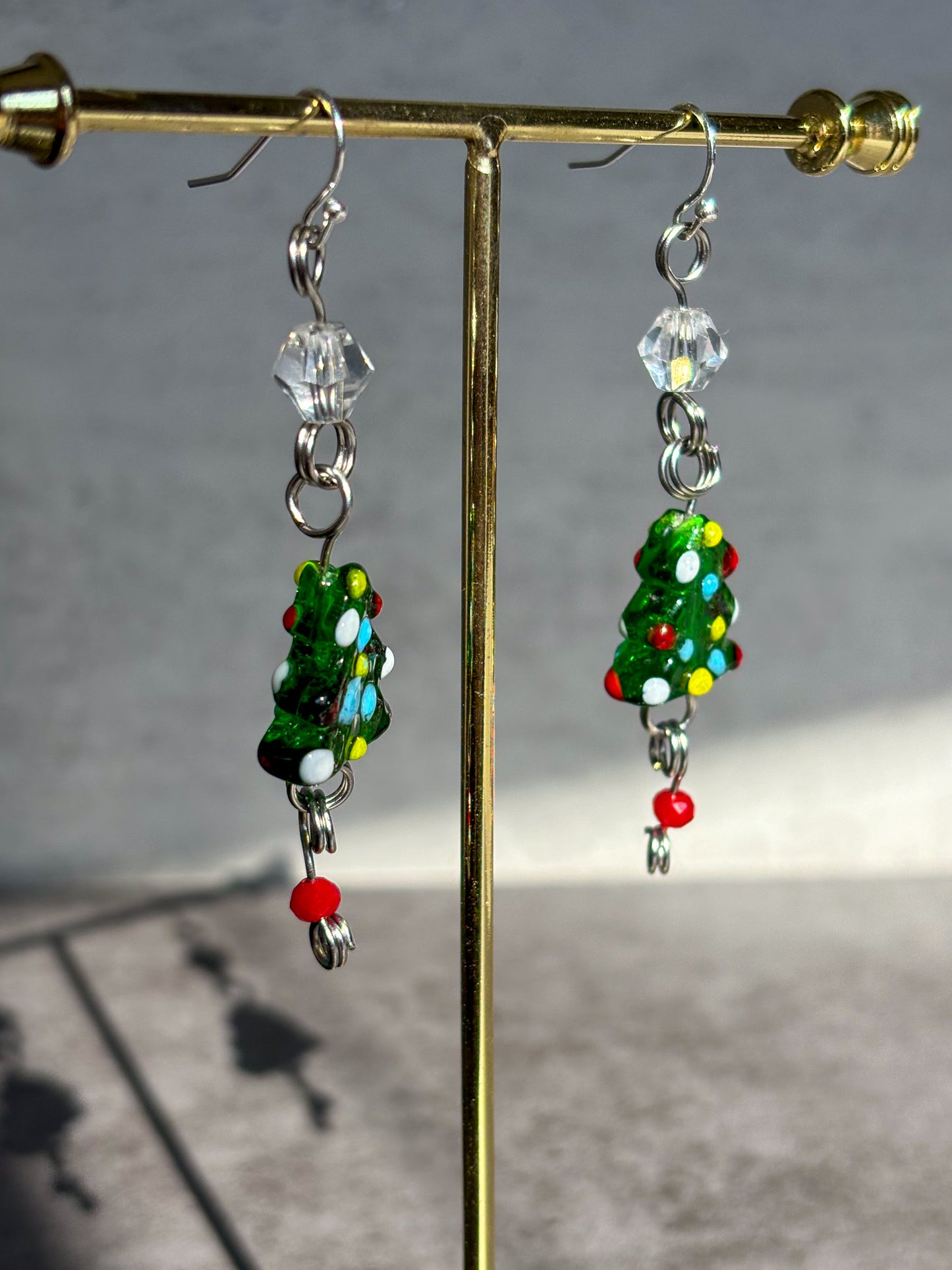 Silver Christmas Tree Red Green Sparkle Dangle Earrings