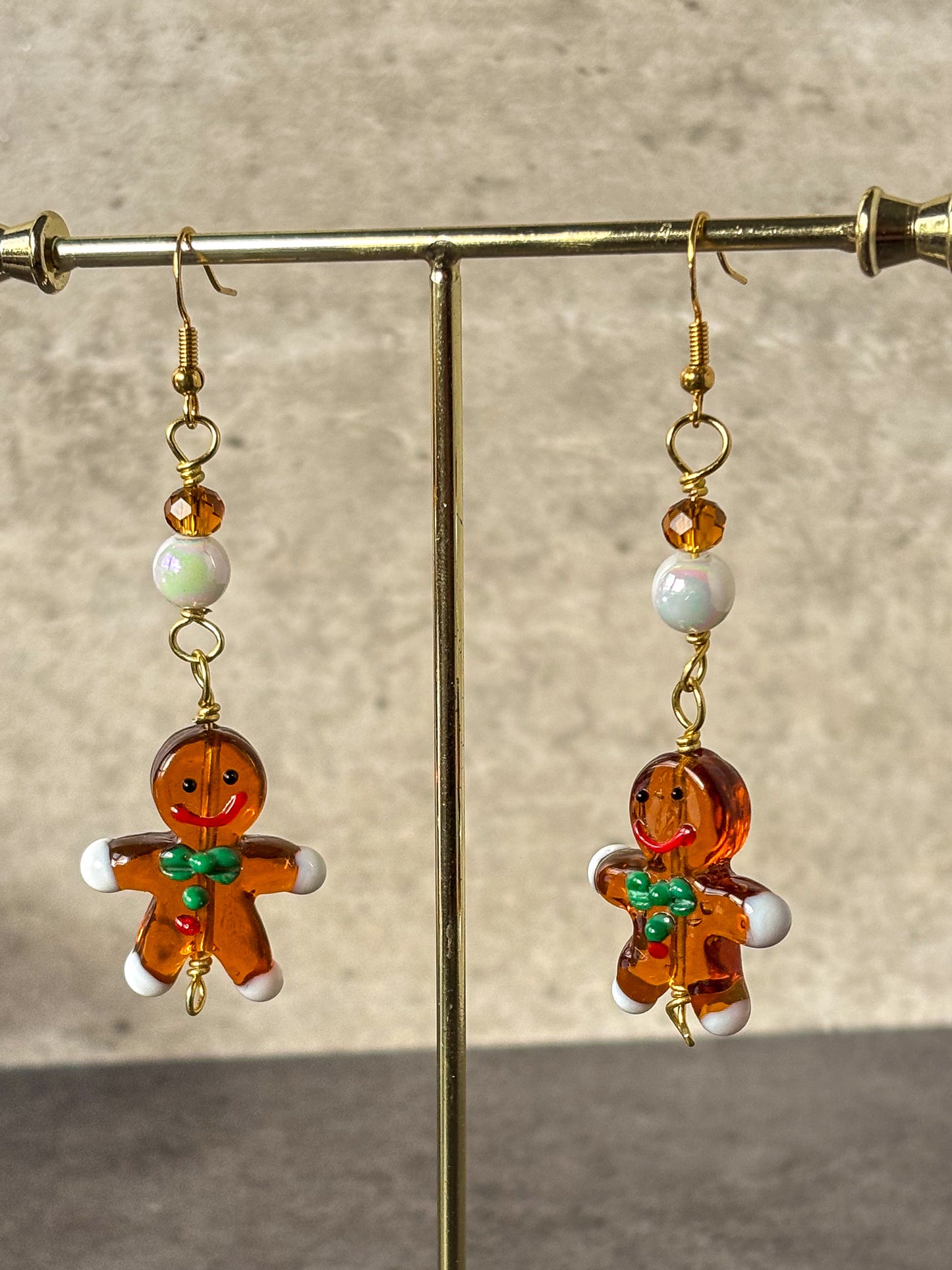 Glass Gingerbread Person Dangle Gold Earrings