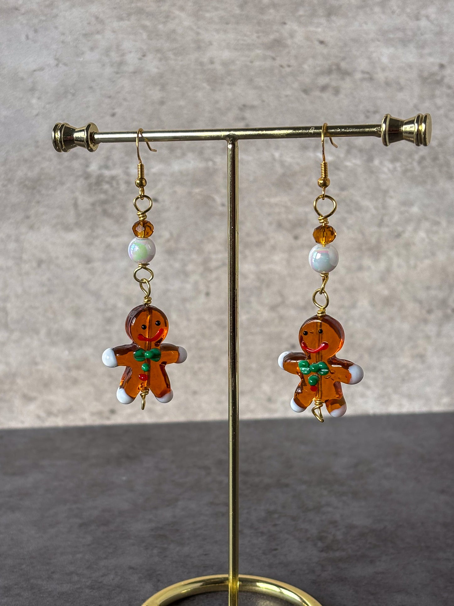 Glass Gingerbread Person Dangle Gold Earrings