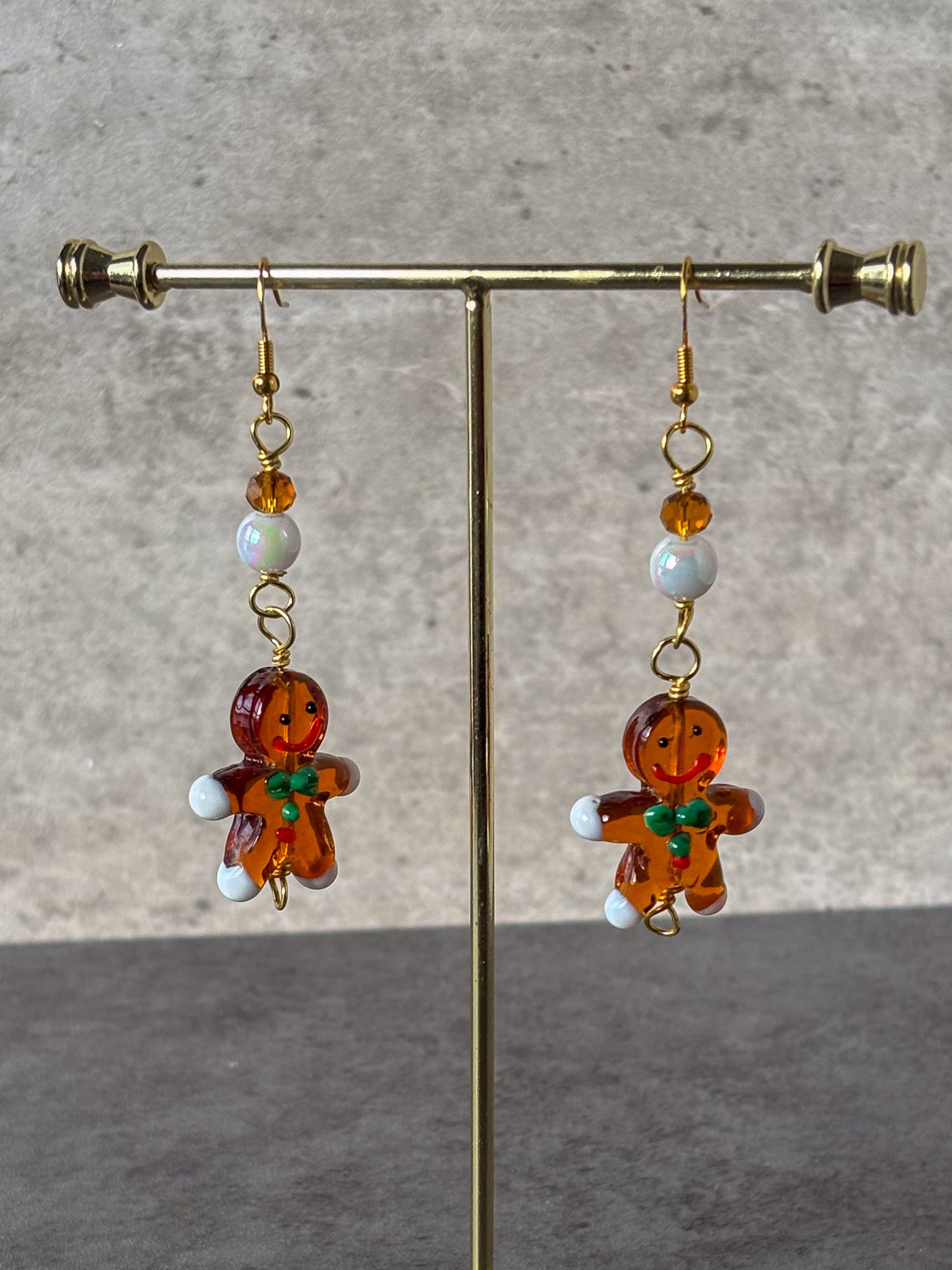 Glass Gingerbread Person Dangle Gold Earrings