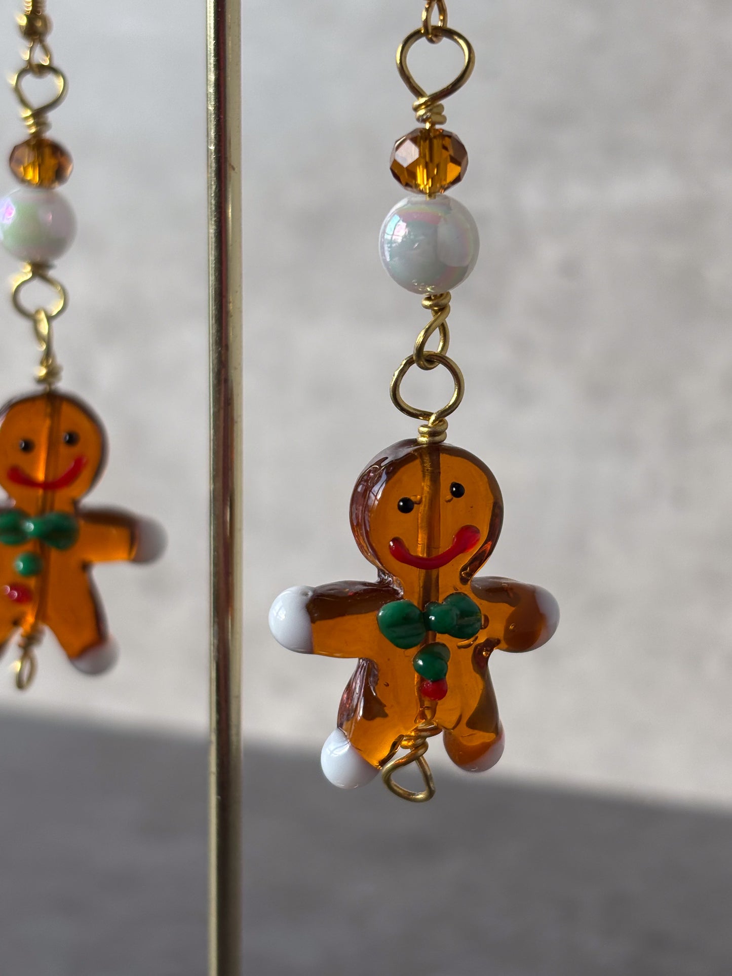 Glass Gingerbread Person Dangle Gold Earrings