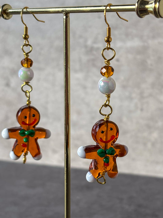 Glass Gingerbread Person Dangle Gold Earrings