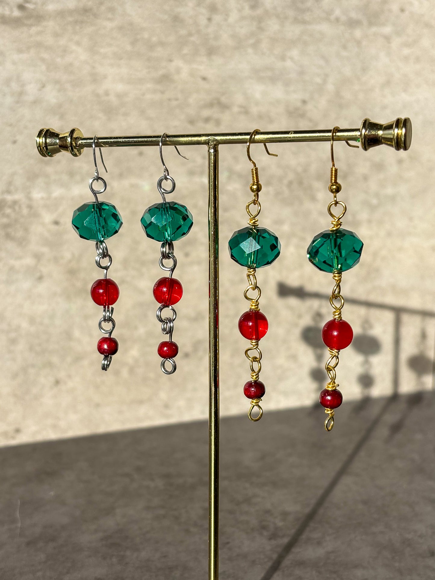 Holiday Red Green Gold Silver Glass Wood Beaded Dangle Earrings