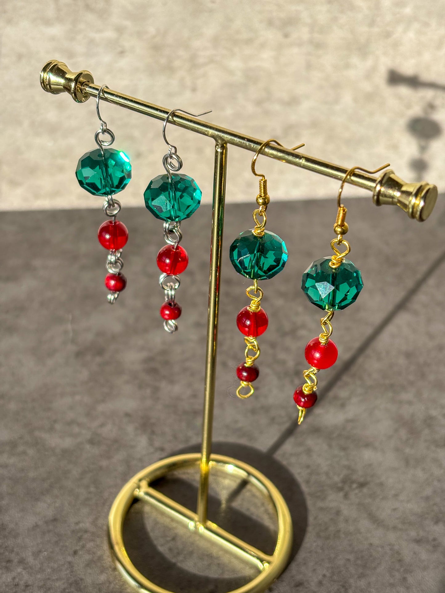 Holiday Red Green Gold Silver Glass Wood Beaded Dangle Earrings