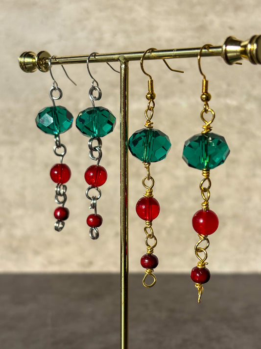 Holiday Red Green Gold Silver Glass Wood Beaded Dangle Earrings