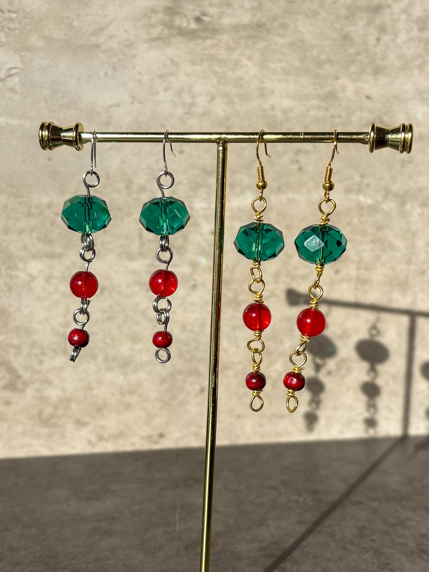 Holiday Red Green Gold Silver Glass Wood Beaded Dangle Earrings