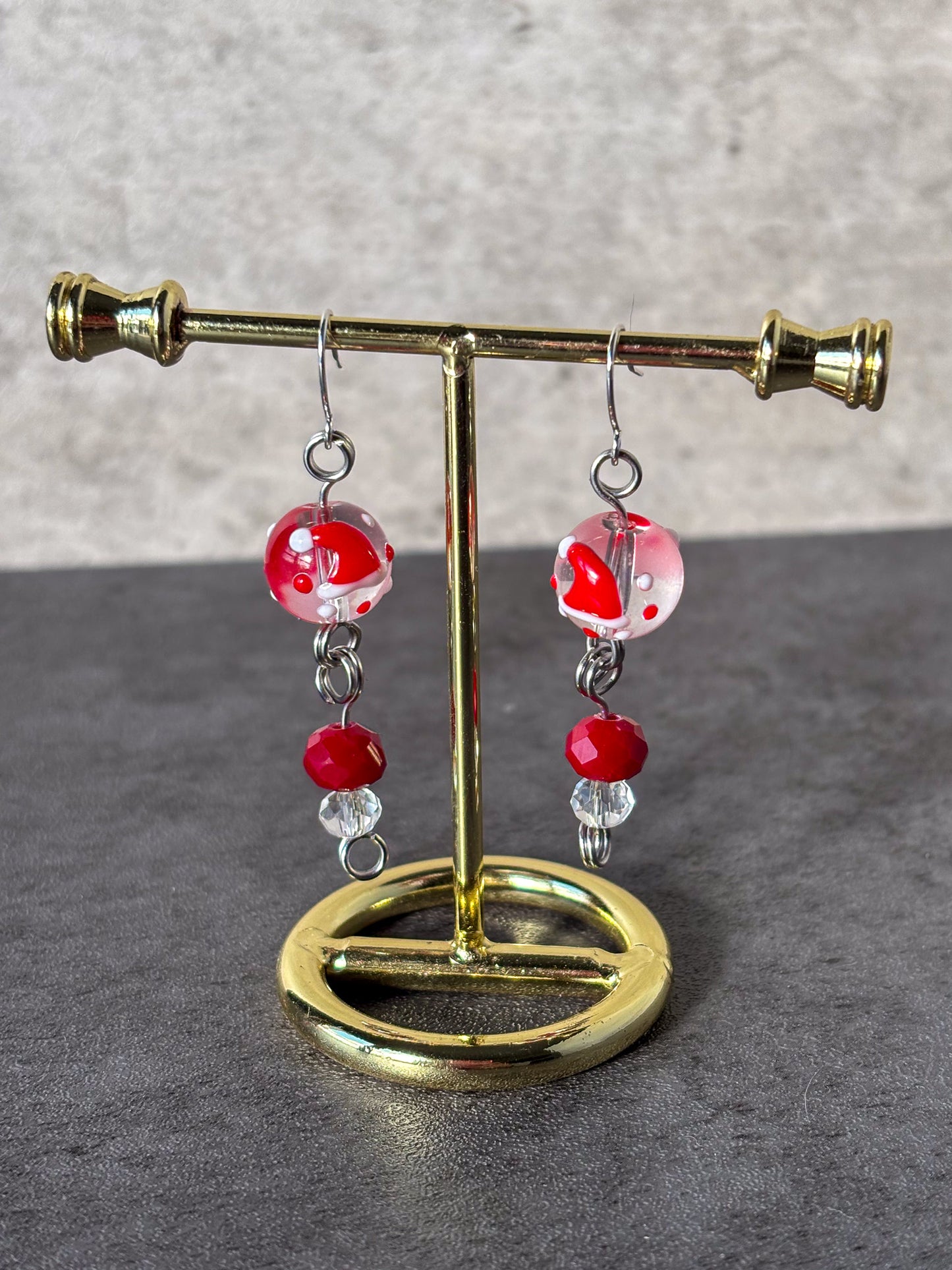 Santa Hat Red Silver Glass Beaded Earrings