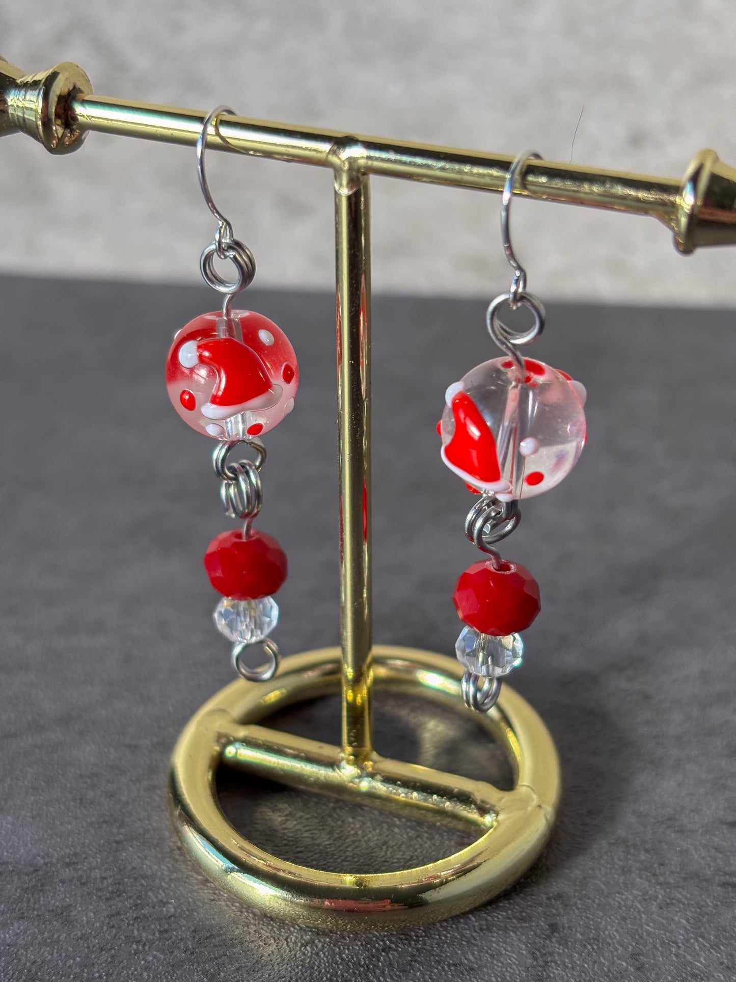 Santa Hat Red Silver Glass Beaded Earrings