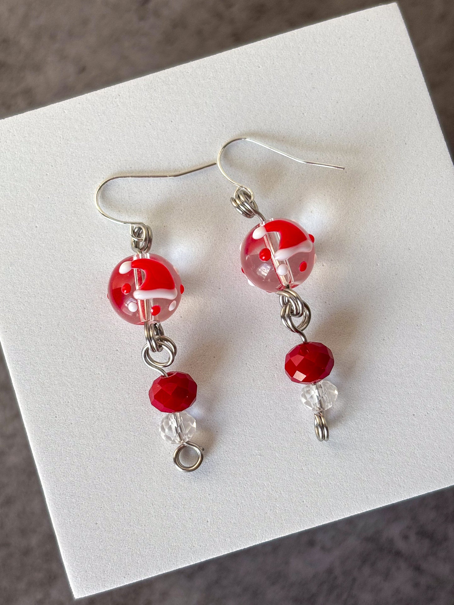 Santa Hat Red Silver Glass Beaded Earrings