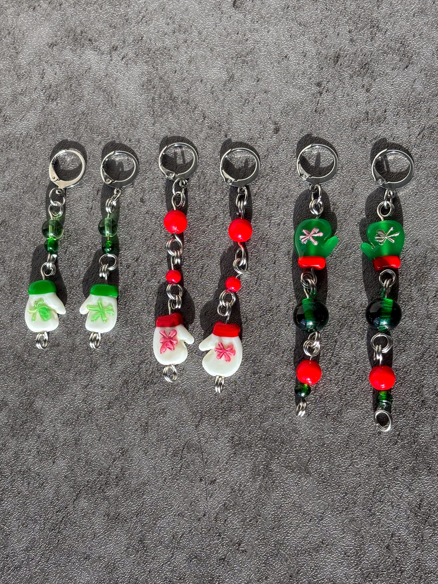 Green Red Silver Glass Mitten Glove Earrings