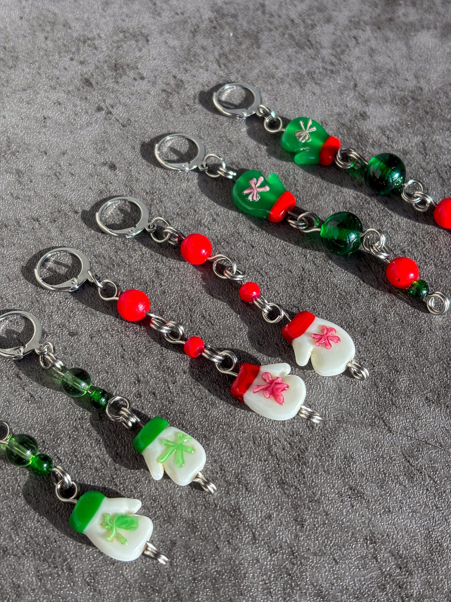 Green Silver Mitten Glove Glass Earrings