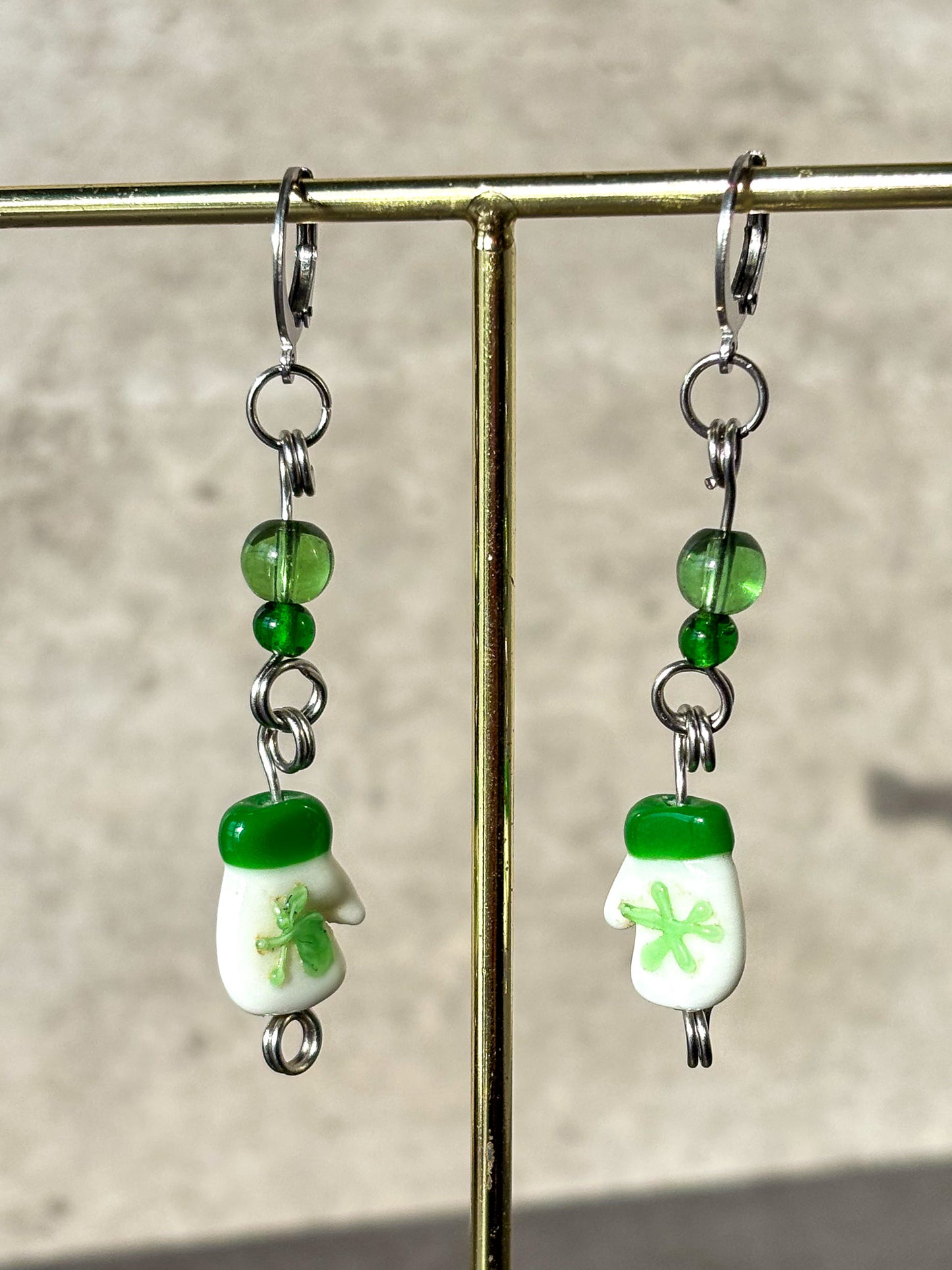 Green Silver Mitten Glove Glass Earrings