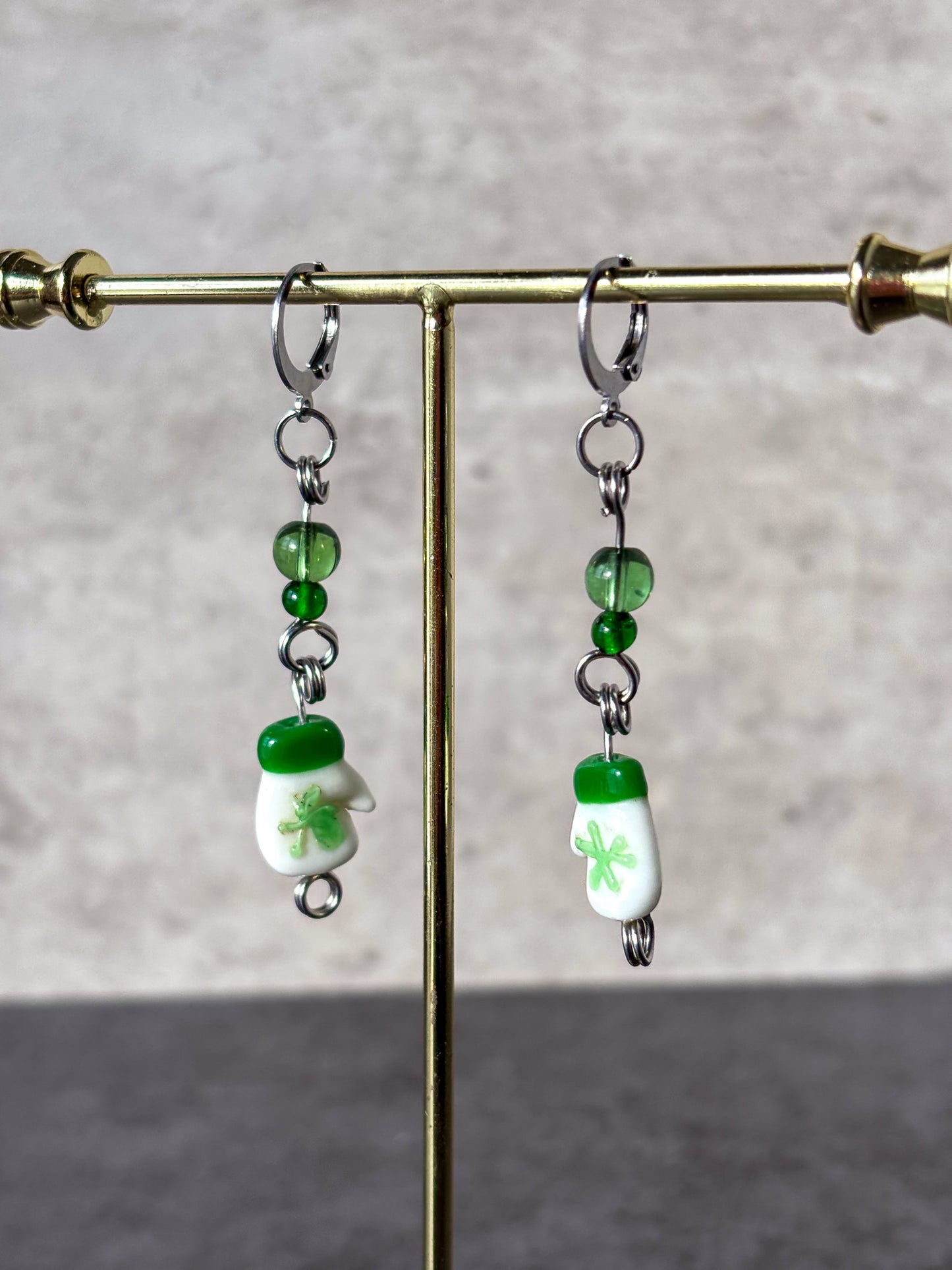 Green Silver Mitten Glove Glass Earrings