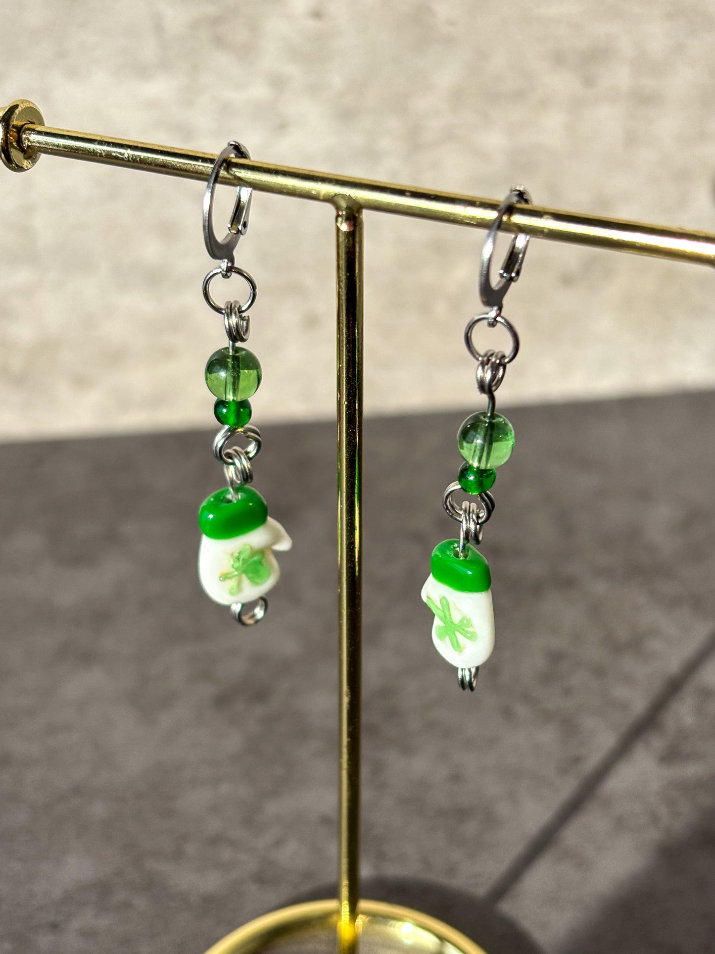 Green Silver Mitten Glove Glass Earrings