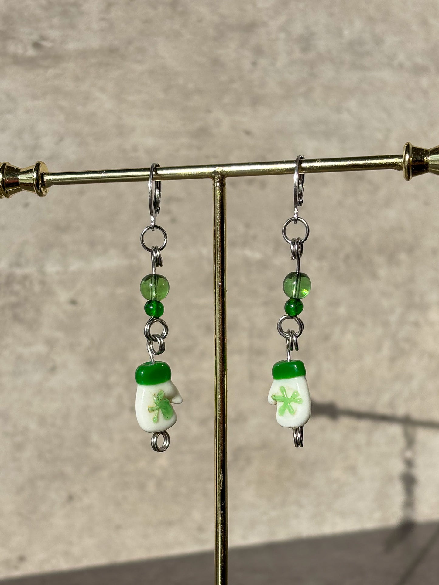 Green Silver Mitten Glove Glass Earrings